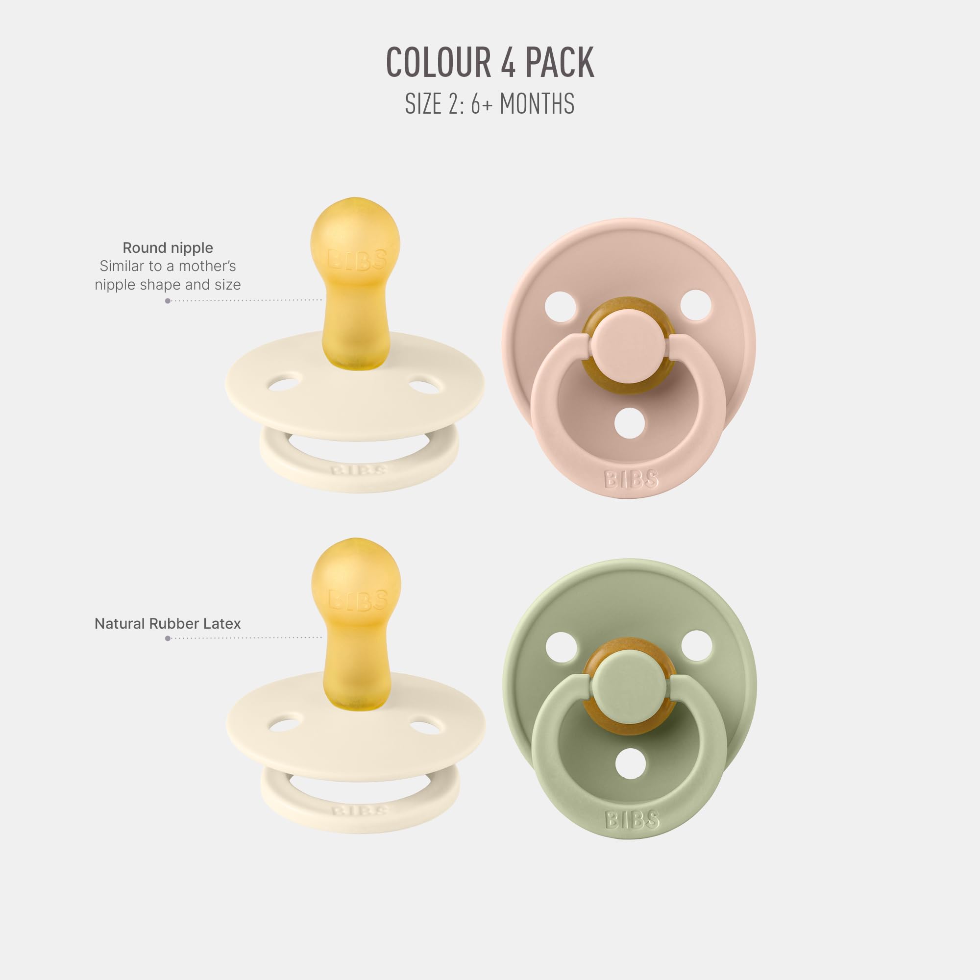 BIBS Colour Soother round nipple ivory closeup demonstrates gentle design for natural sucking comfort.