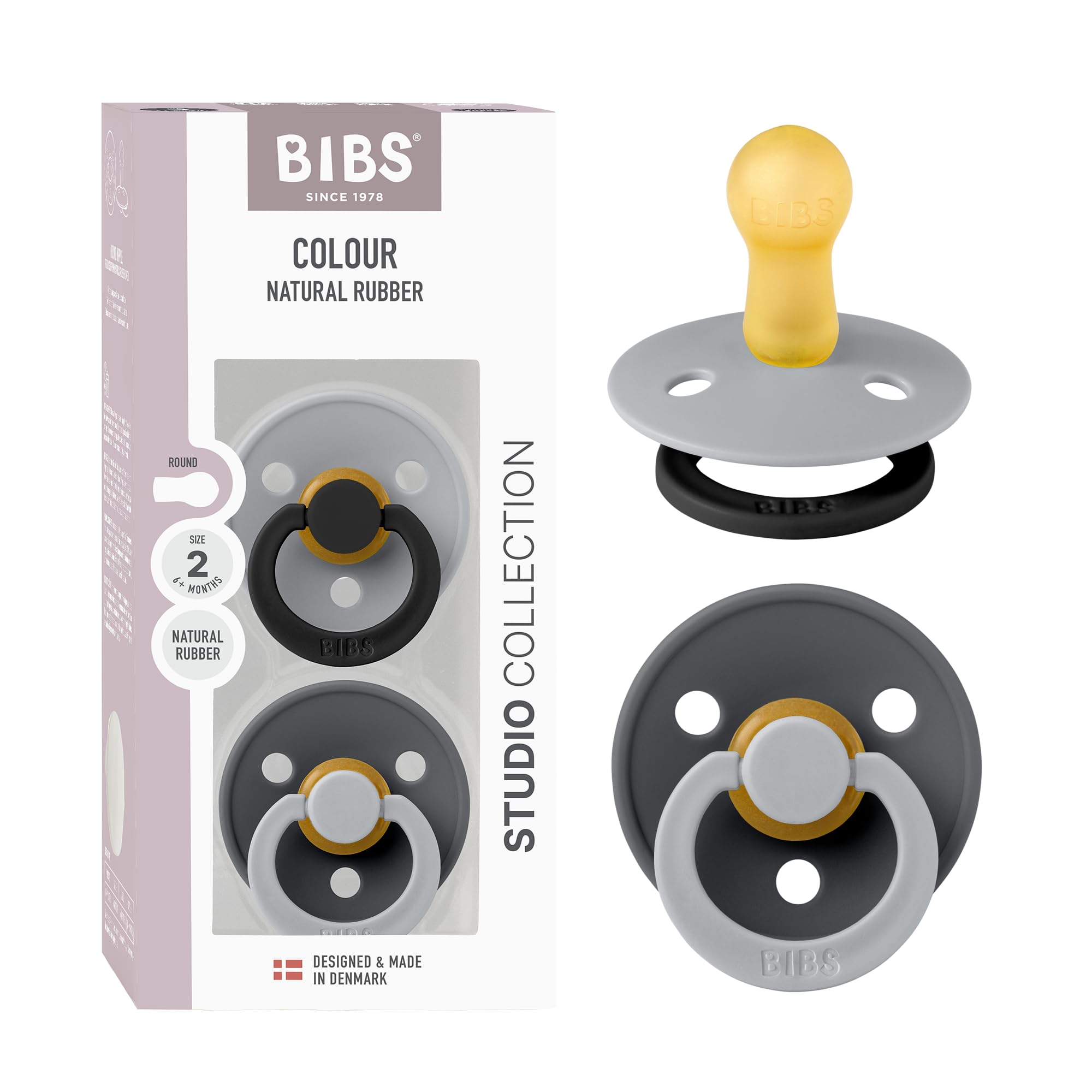 BIBS Colour Studio Cloud 2-pack pacifier calms baby with gentle round nipple and stylish design
