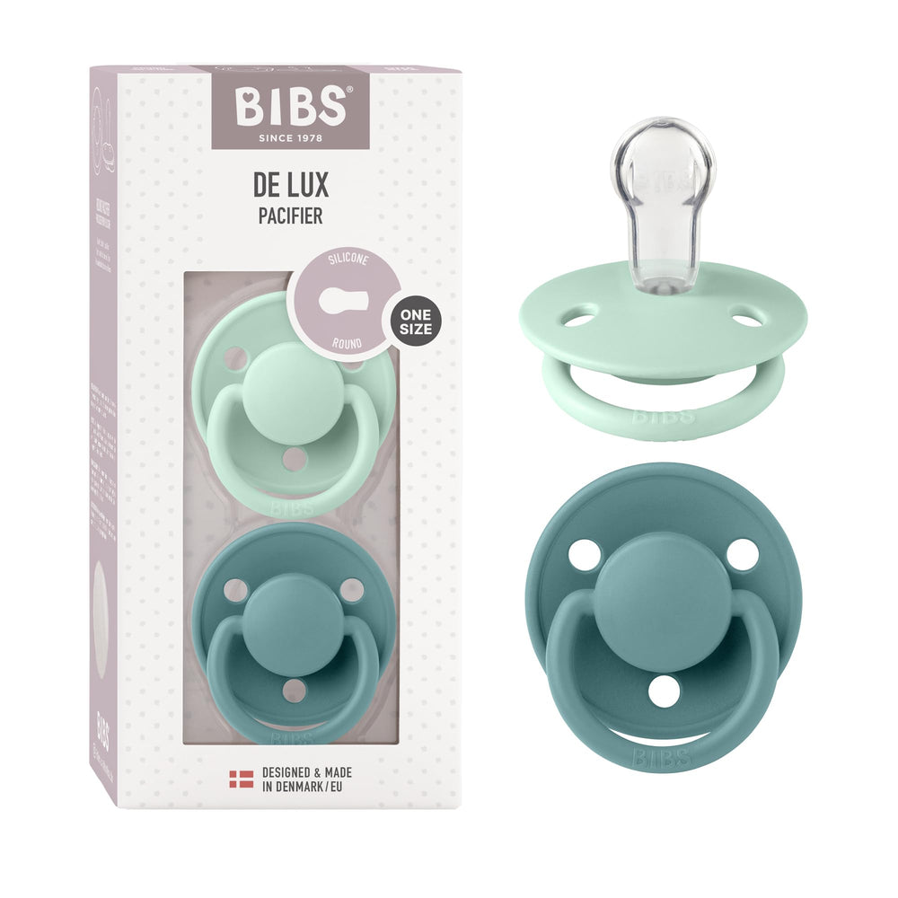 BIBS De Lux pacifier 2-pack in packaging for easy swaps during outings