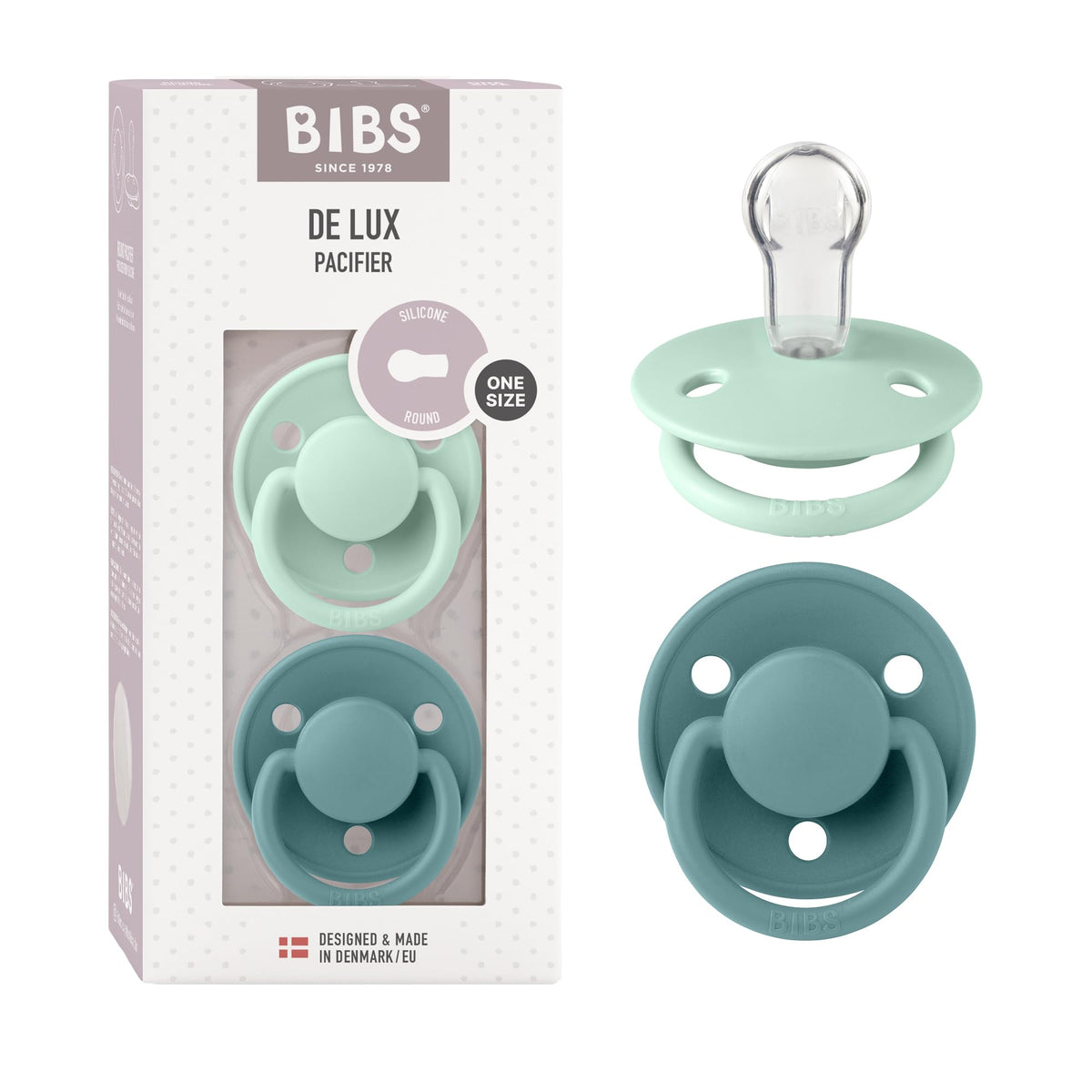 BIBS De Lux pacifier 2-pack in packaging for easy swaps during outings