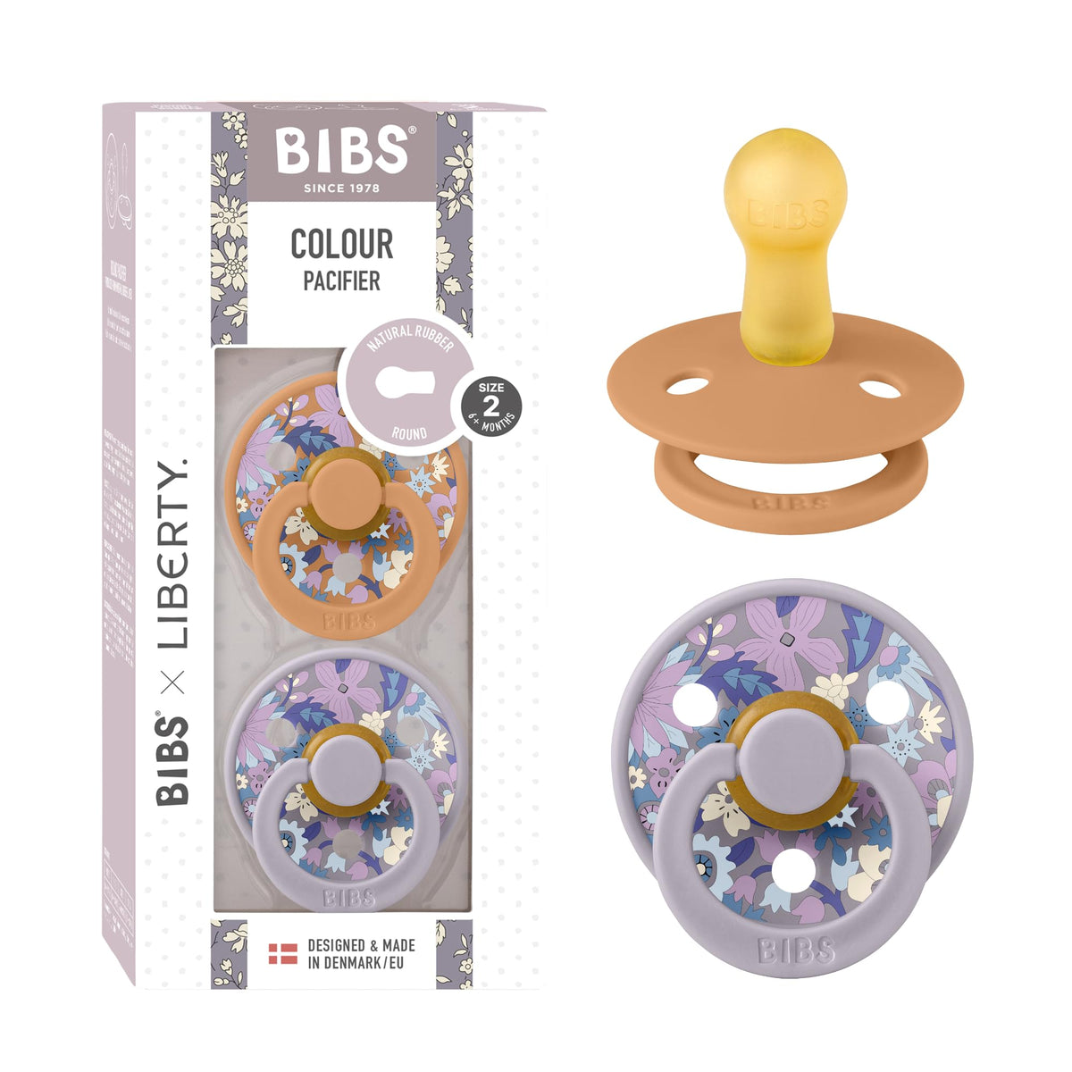 BIBS Liberty packaging front showing two pacifiers for timeless soothing.