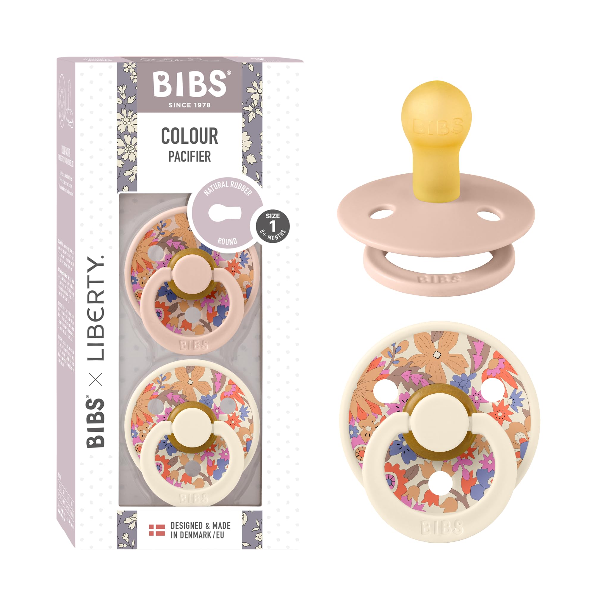 BIBS Liberty 2-pack packshot shows a chic June Blossom Blush mix for soothing comfort.