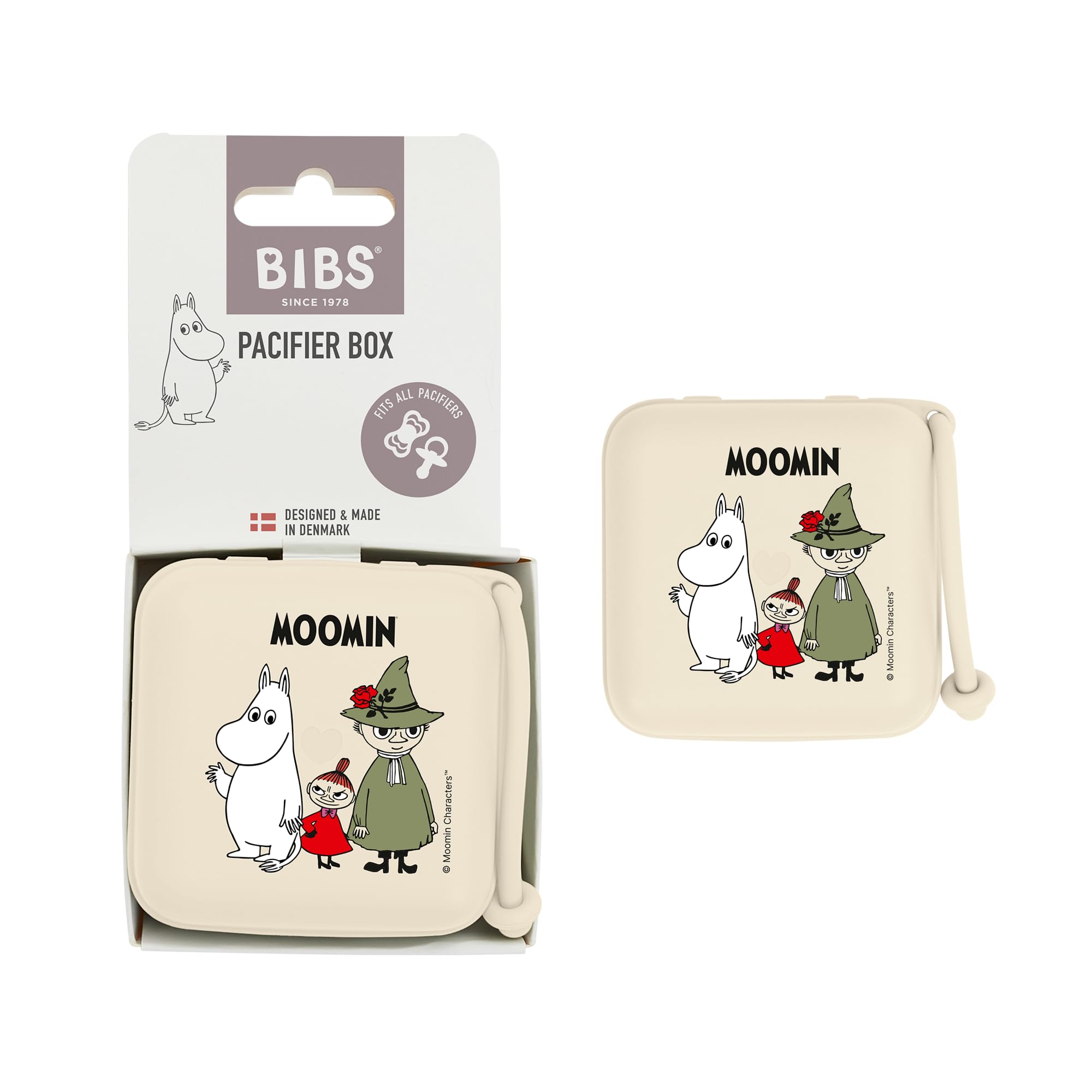 BIBS Moomins pacifier box ivory front showing portable storage and sterilization potential