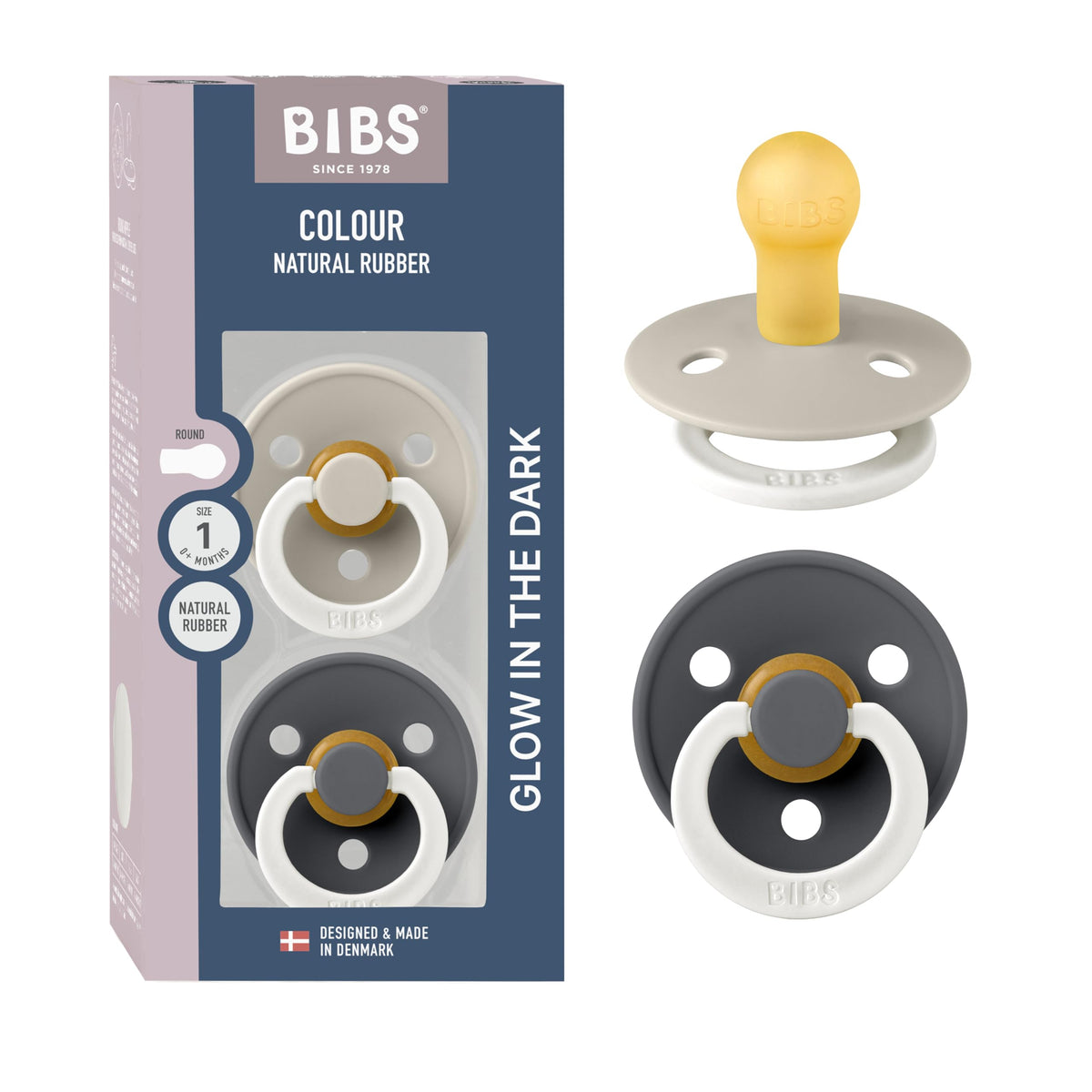 BIBS Colour Night Glow pacifier sand-pack shows the glow feature for nighttime locating.