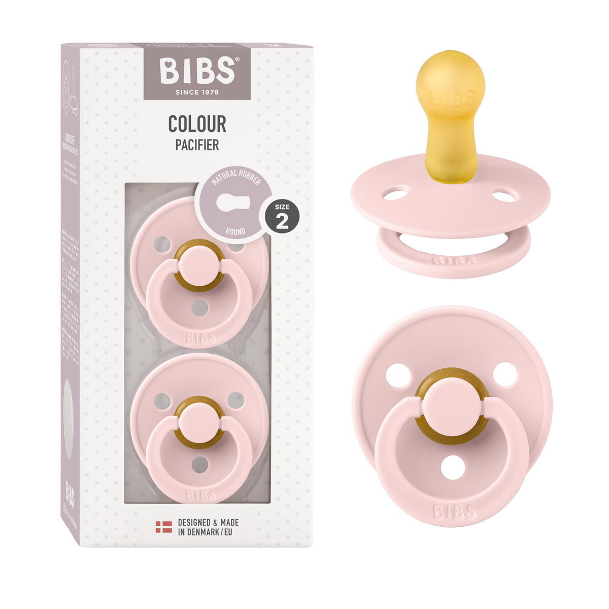 BIBS pacifier blossom pack-of-2 shows color tones for calm self-soothing.