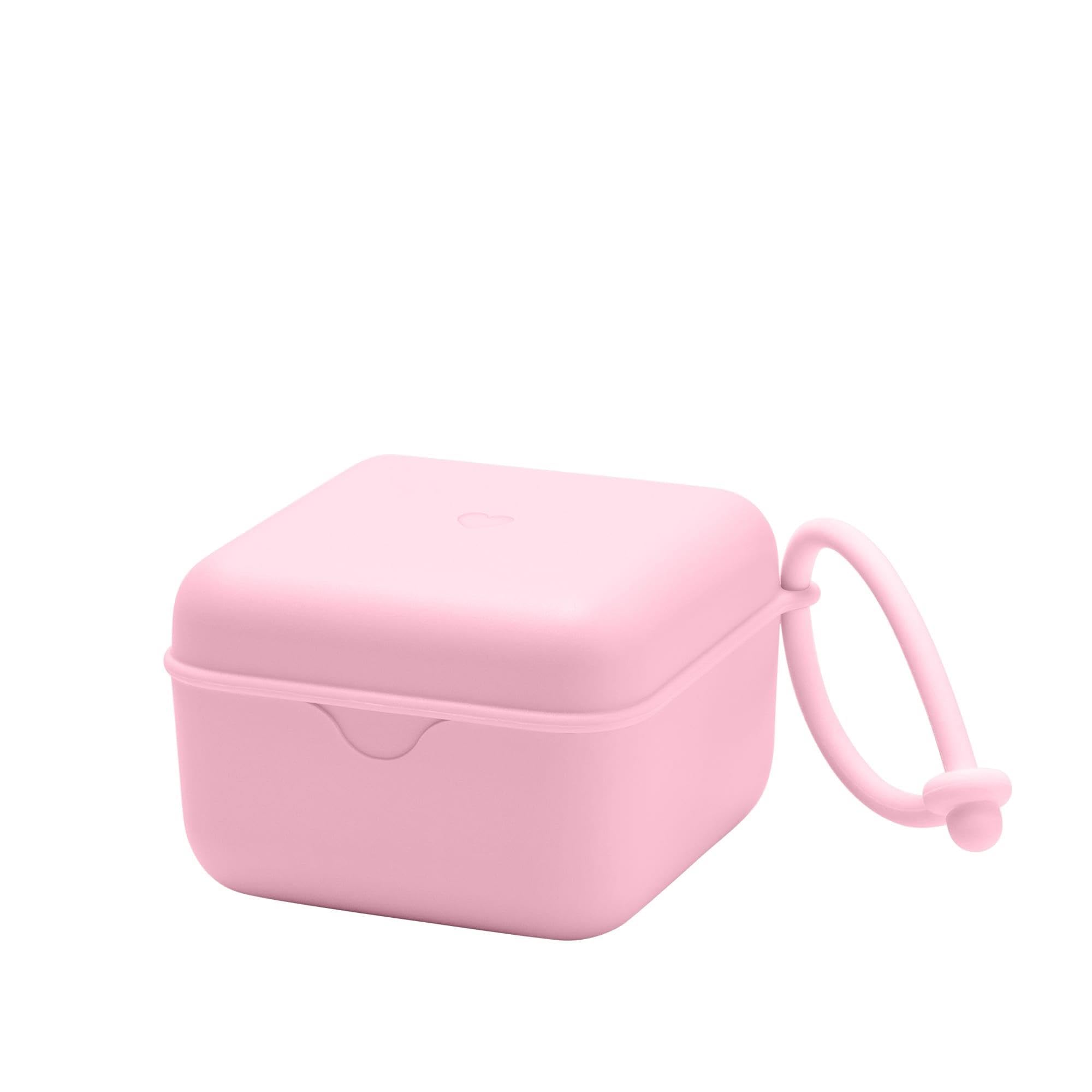 BIBS pacifier box with strap on-the-go storage keeps pacifiers organized and accessible.