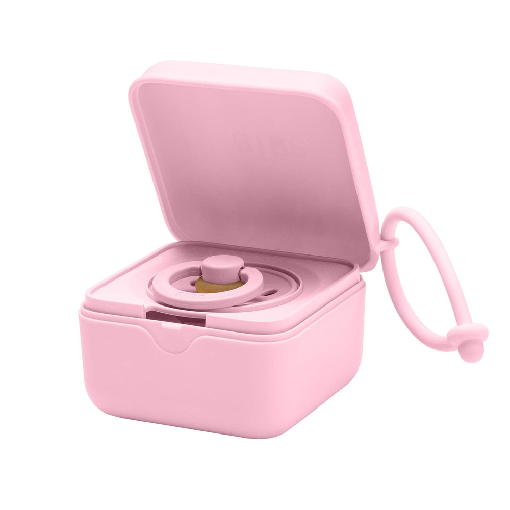 BIBS pacifier box with pacifier insert demonstrates capacity for up to three pacifiers.
