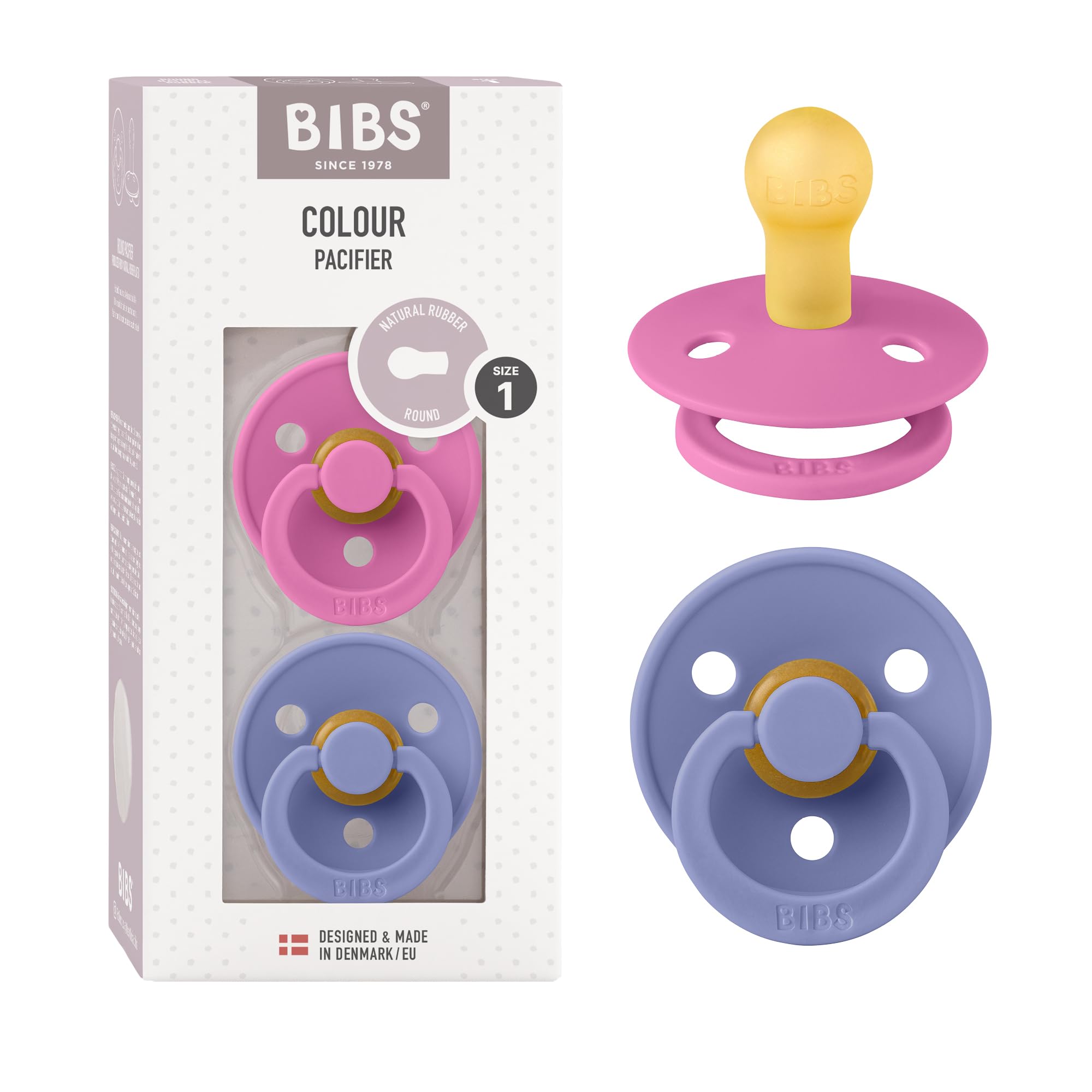 BIBS pacifier Bubblegum front view showing soft natural latex nipple for soothing comfort