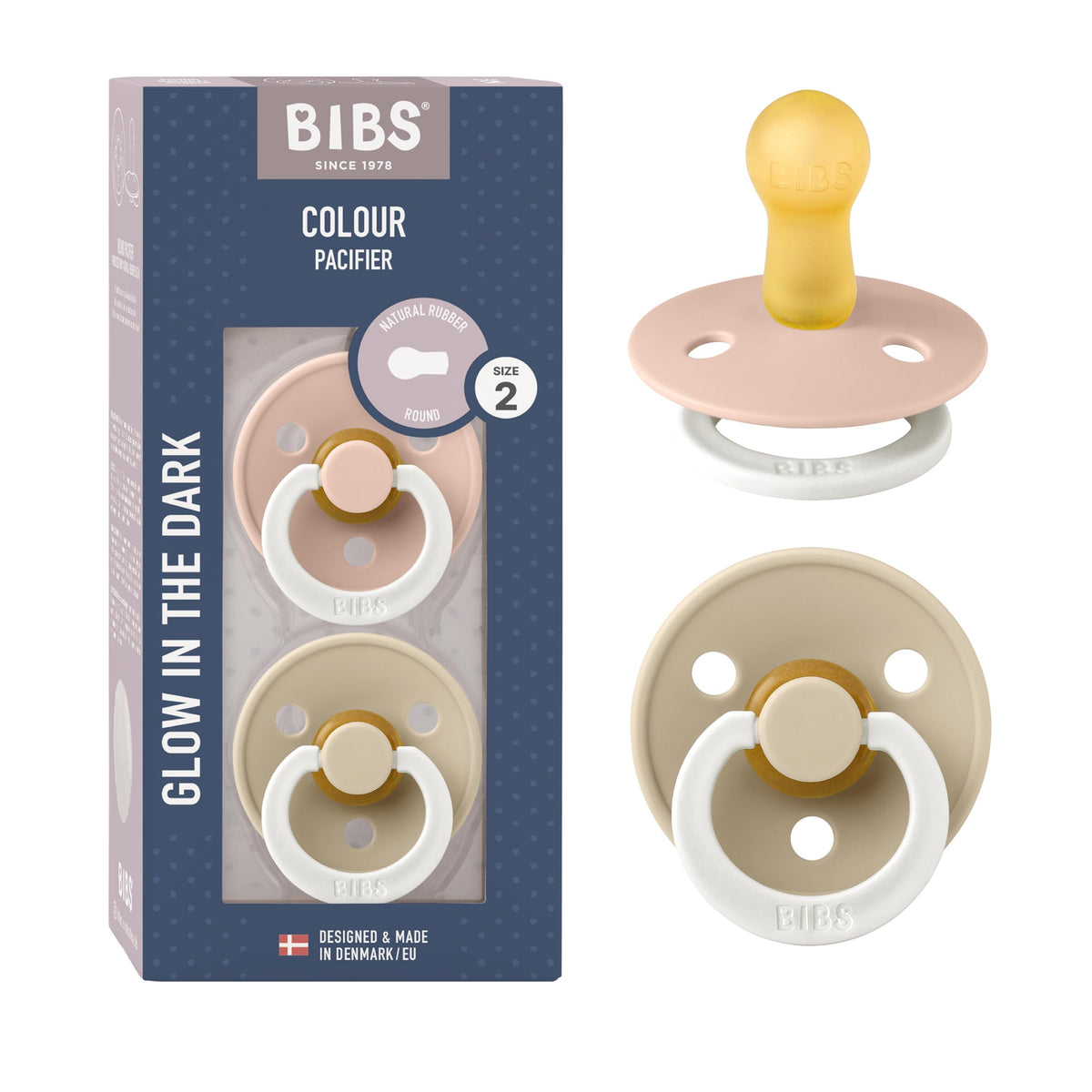 BIBS pacifier front view in Blush Night and Vanilla Night offers soothing self-soothe visuals
