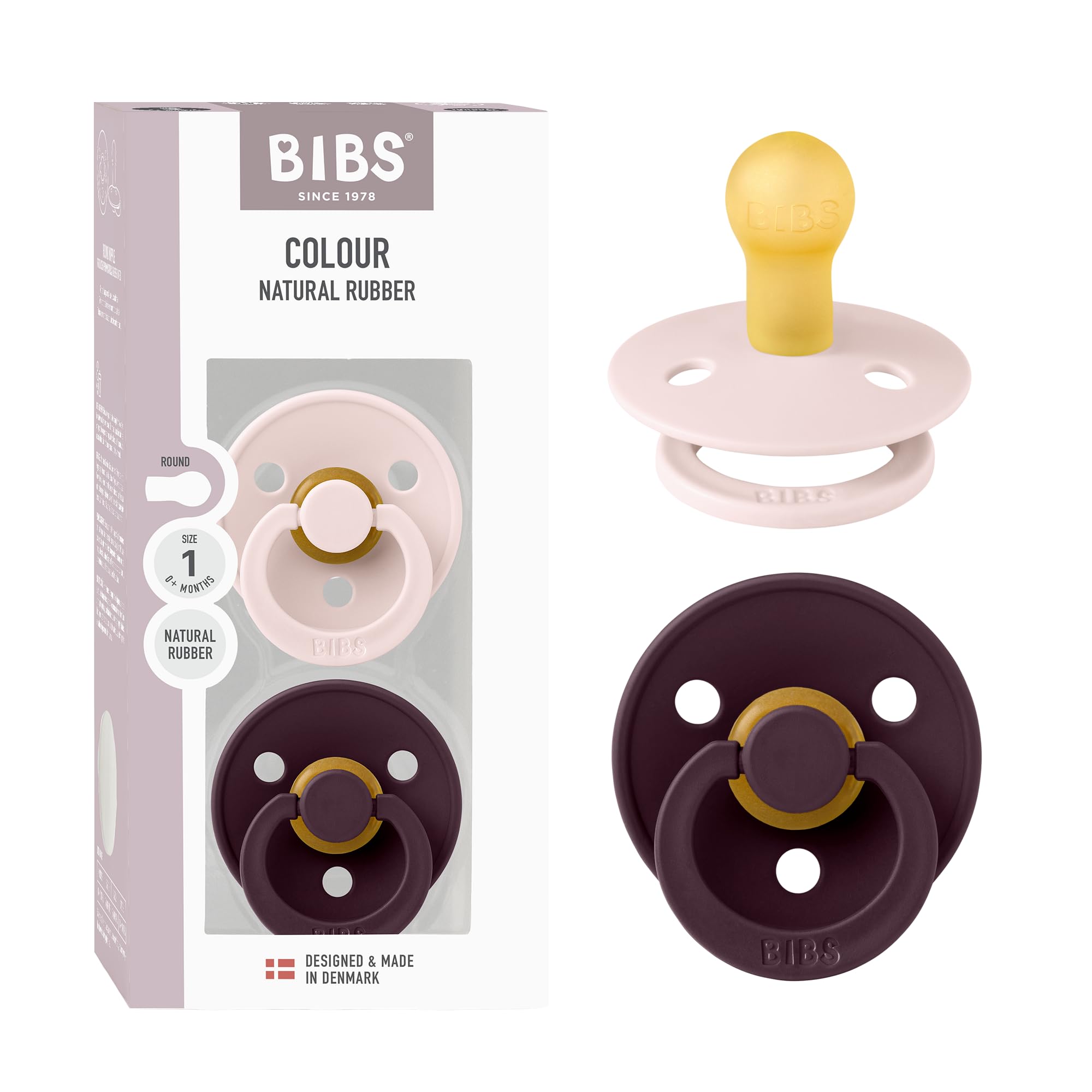 BIBS pacifier Petal Plum pack shown for gentle soothing and self-soothing.