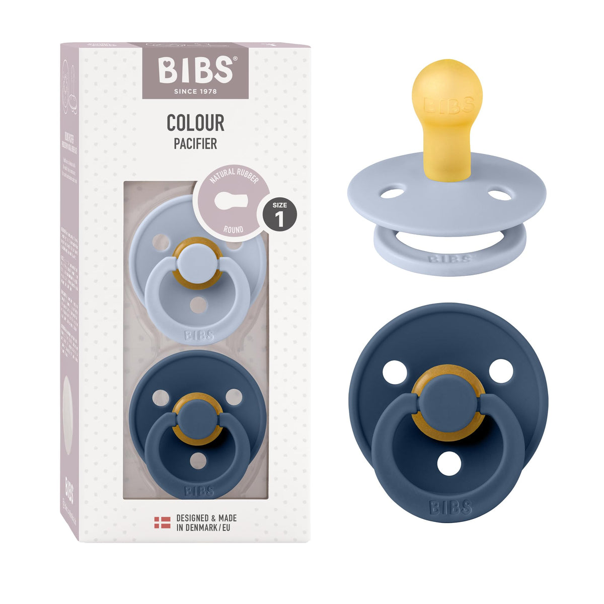 BIBS pacifier dusty blue close-up highlighting gentle soothing.