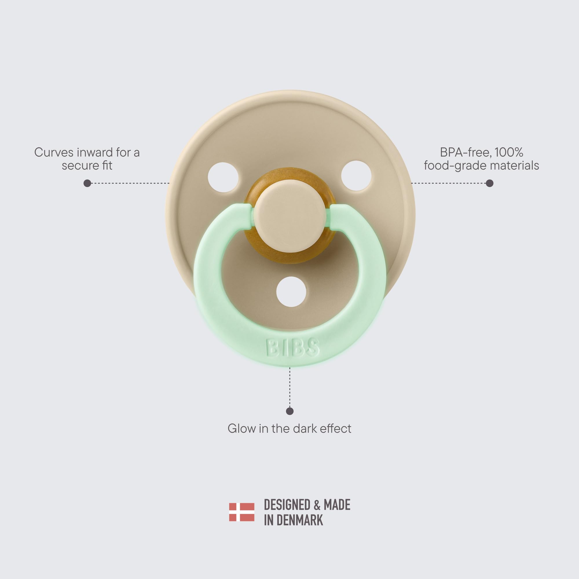 BIBS pacifier natural latex image communicates durable, soft chew comfort
