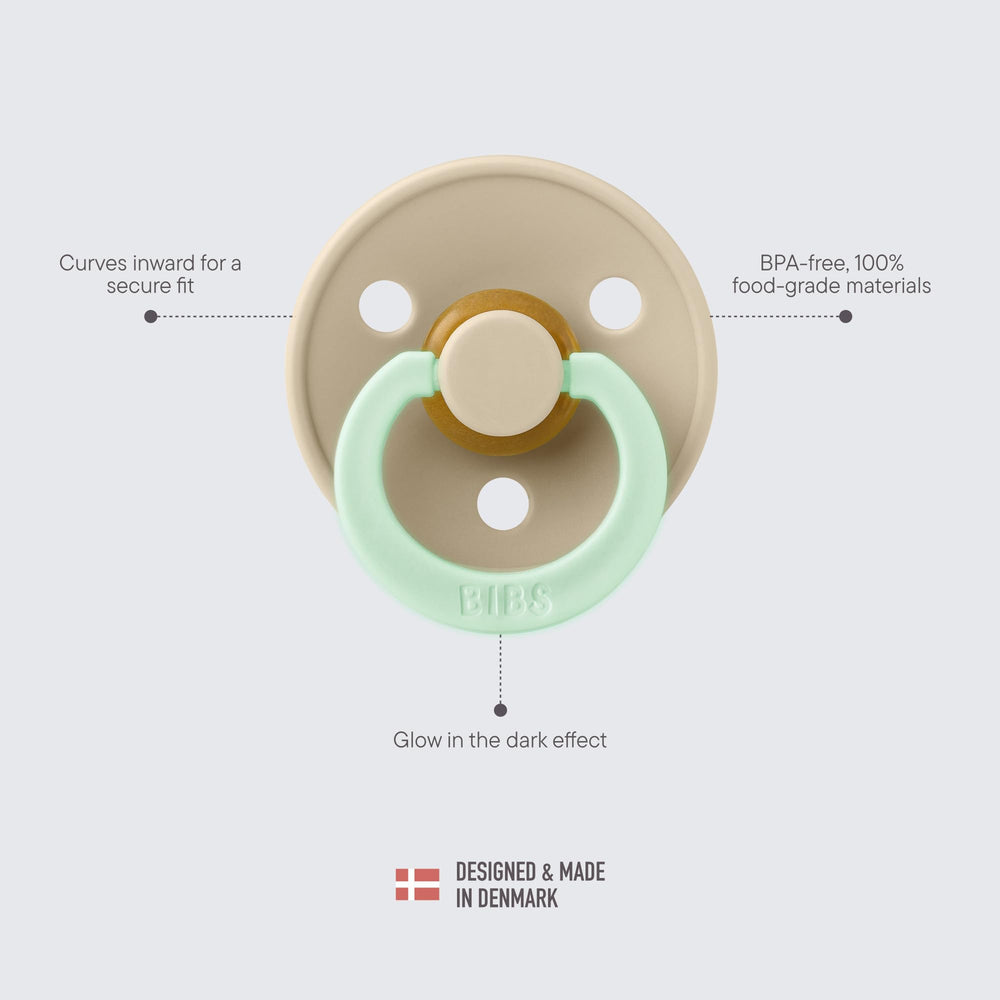 BIBS pacifier natural latex image communicates durable, soft chew comfort