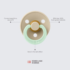BIBS pacifier natural latex image communicates durable, soft chew comfort