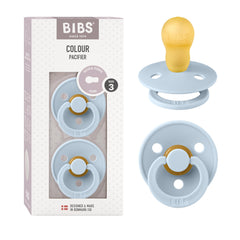 BIBS pacifier natural rubber set of two in baby blue for gentle self-soothing.