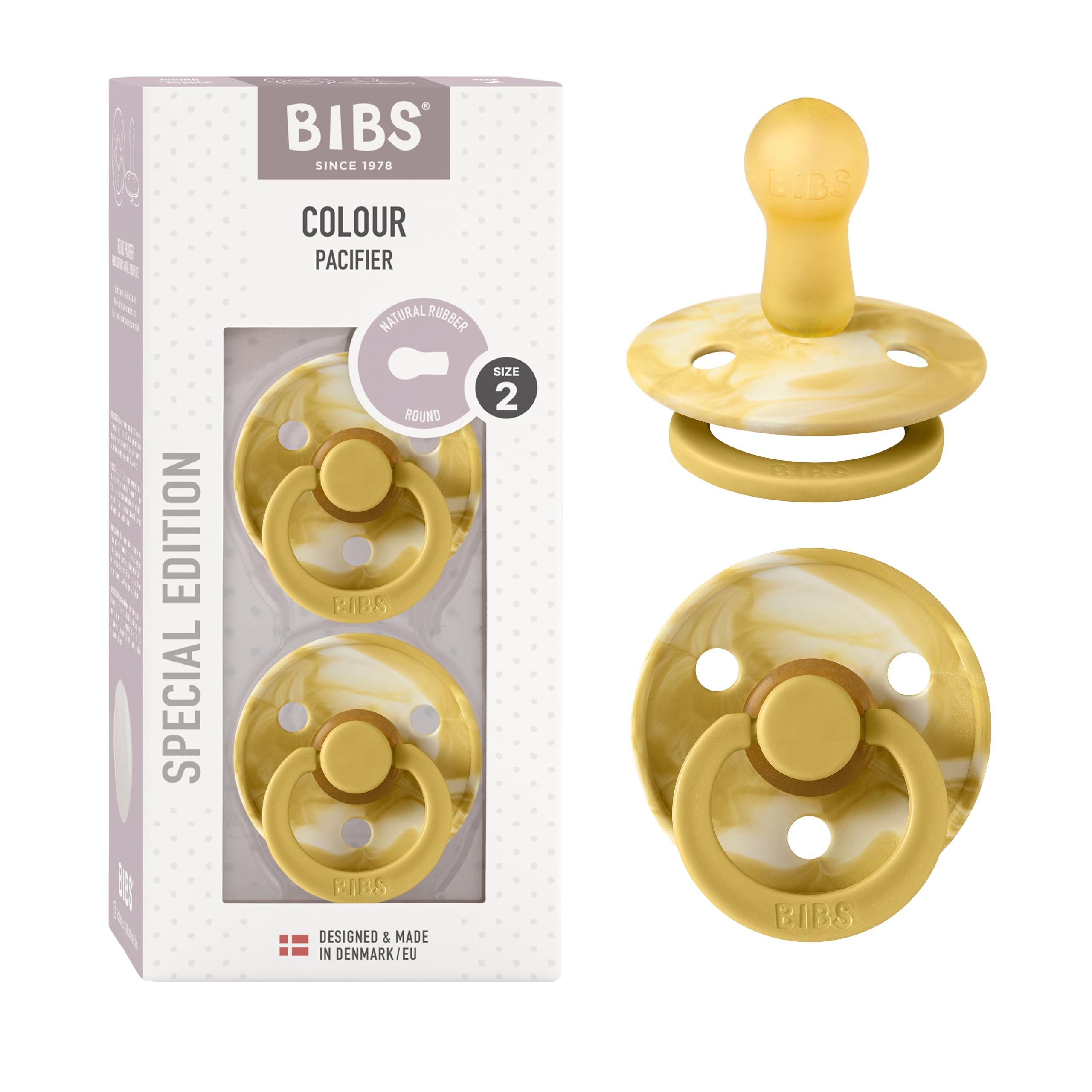 BIBS pacifier front view mustard ivory tie-dye supports baby self-soothing