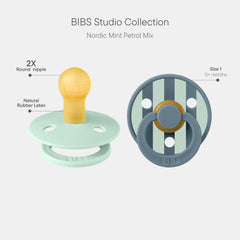 BIBS pacifier-round-nipple Nordic Mint Petrol offers gentle soothing on the go.