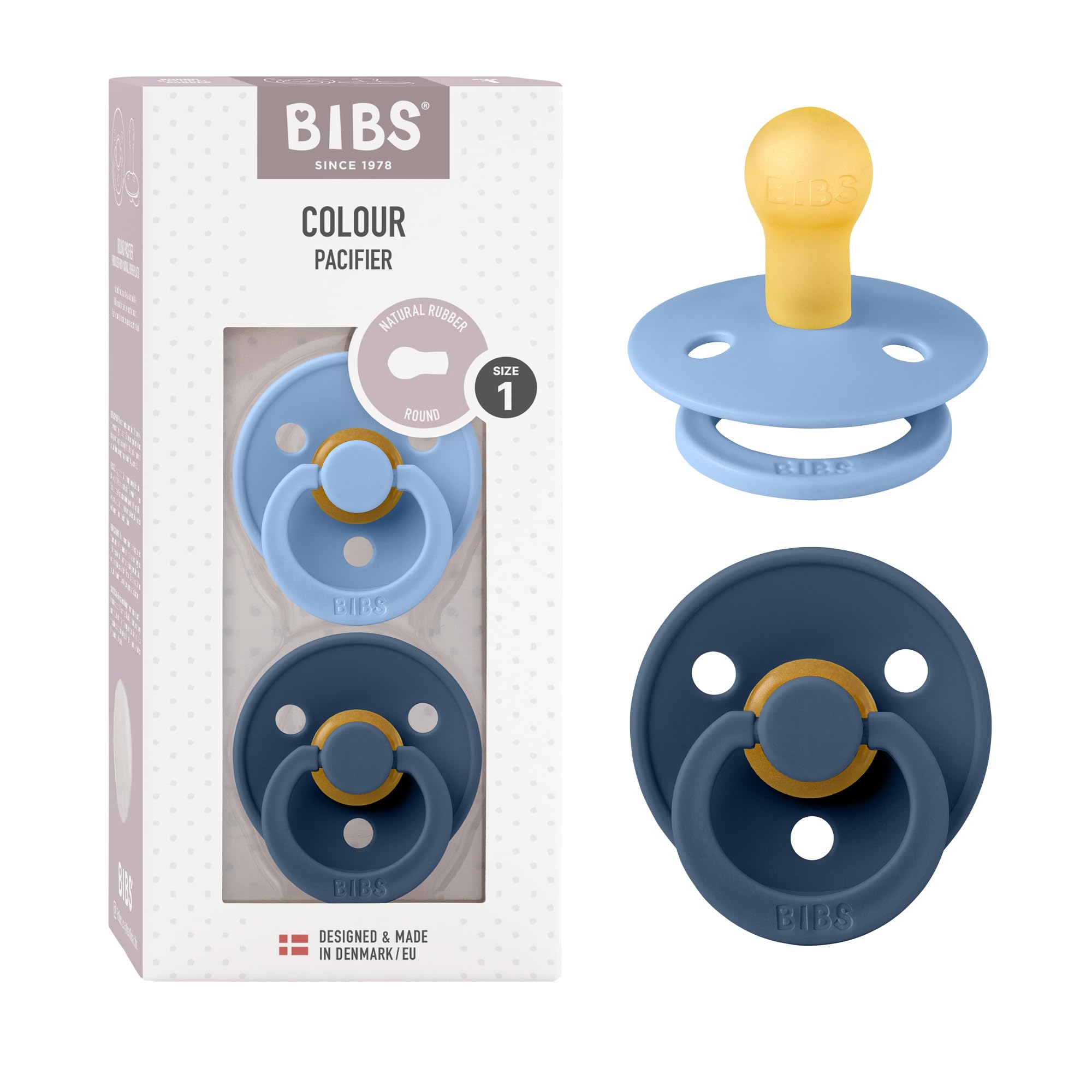 BIBS pacifier sky blue close-up emphasizing natural latex softness for soothing