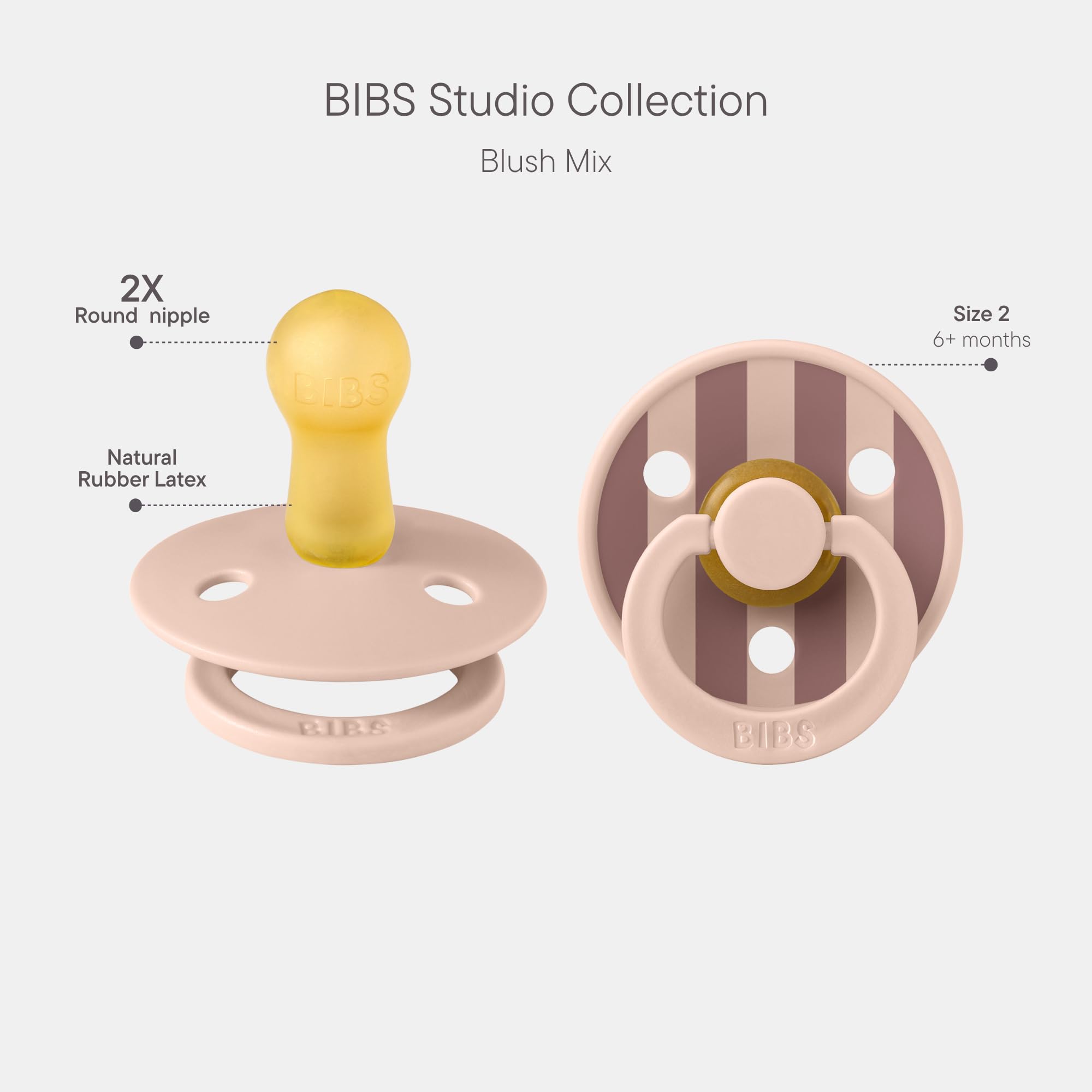 BIBS Studio Block Blush natural rubber latex pacifier with soft, comforting touch