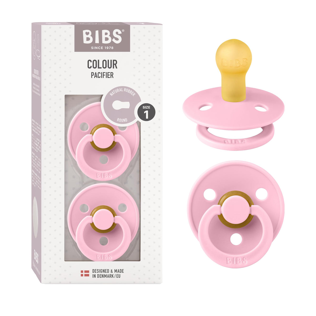 BIBS pacifier two-pack in baby pink supports natural soothing for newborns.