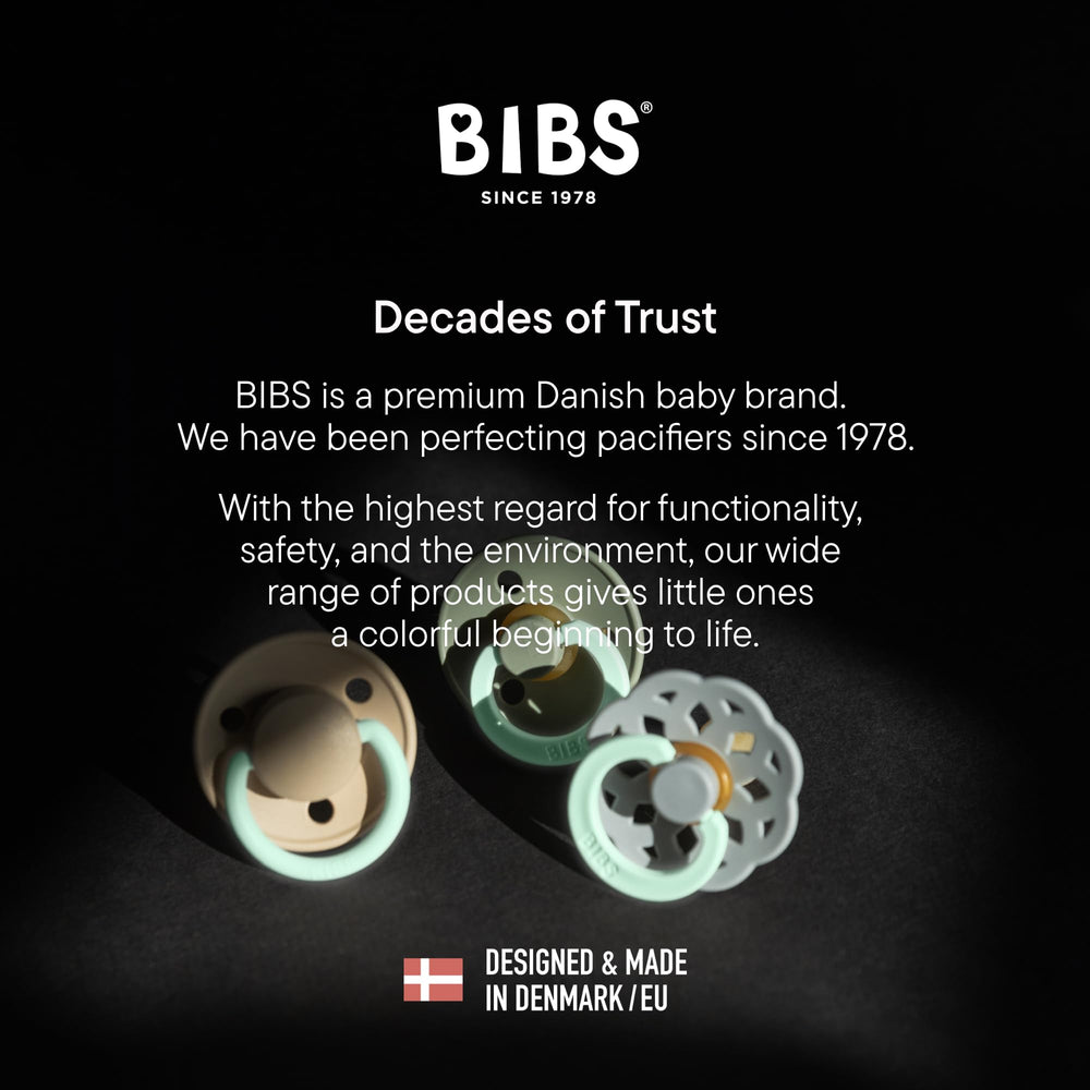 BIBS pacifier two-pack display emphasizes value and Danish design