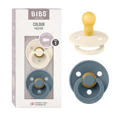 BIBS pacifier two-pack ivory petrol ready for baby soothing.