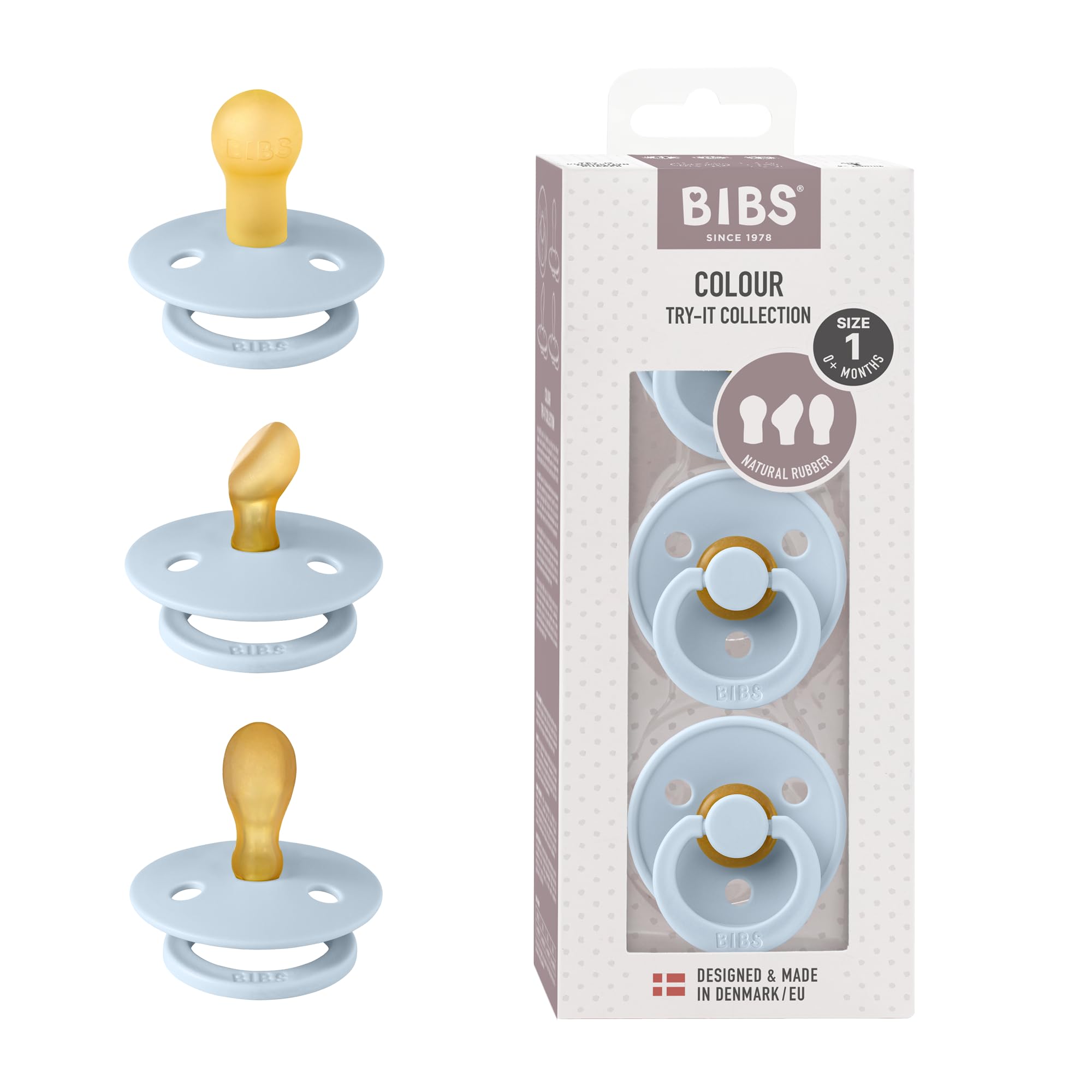 BIBS pacifiers 3-pack Ivory Baby-Blue collection promotes gentle soothing with timeless Danish design.