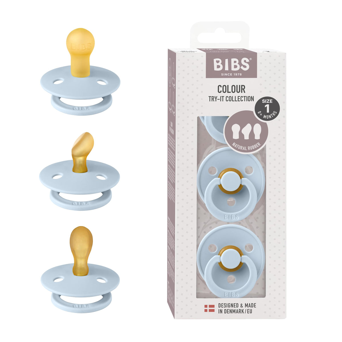 BIBS pacifiers 3-pack Ivory Baby-Blue collection promotes gentle soothing with timeless Danish design.