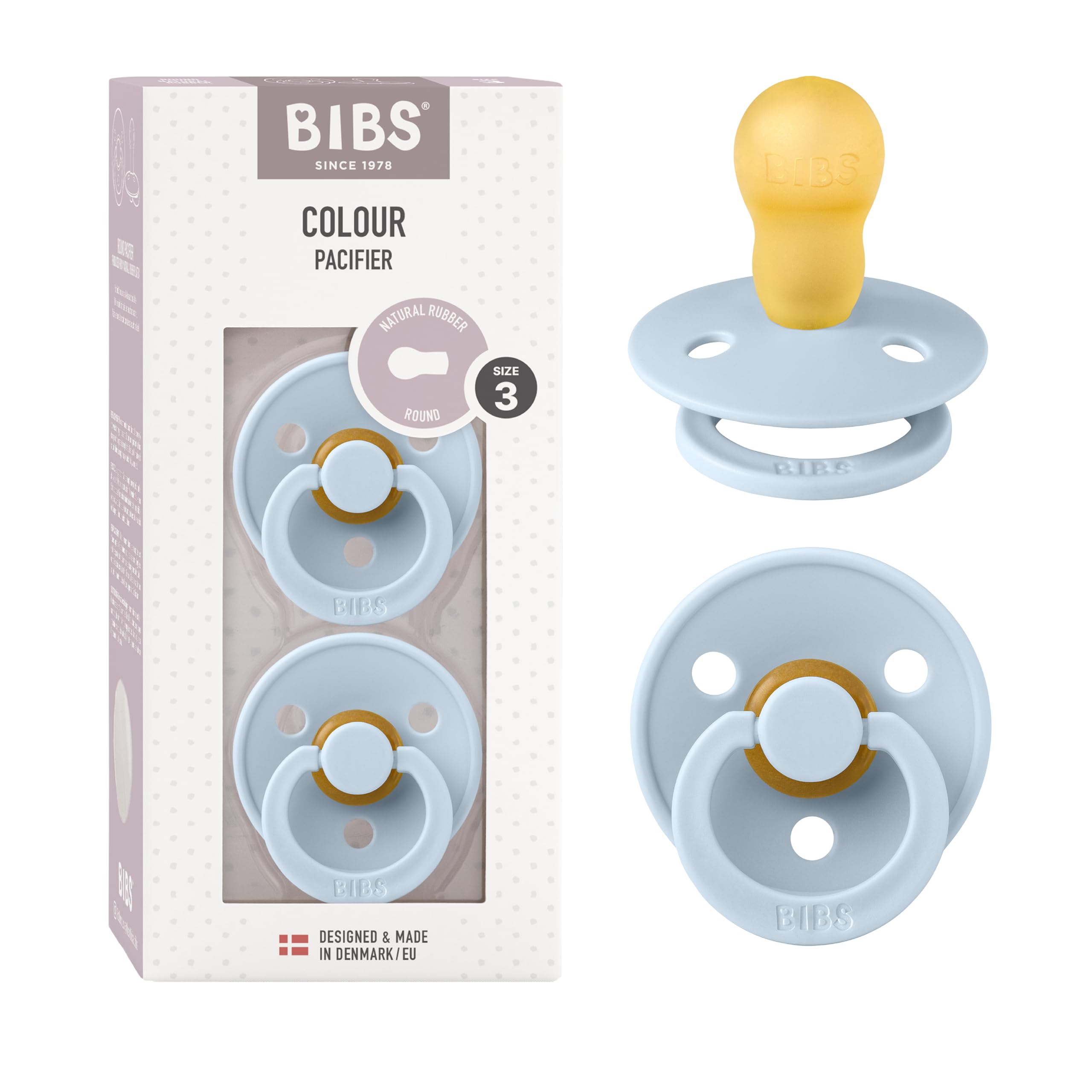 BIBS pacifiers in baby blue front view show soothing natural latex softness for calm comfort.