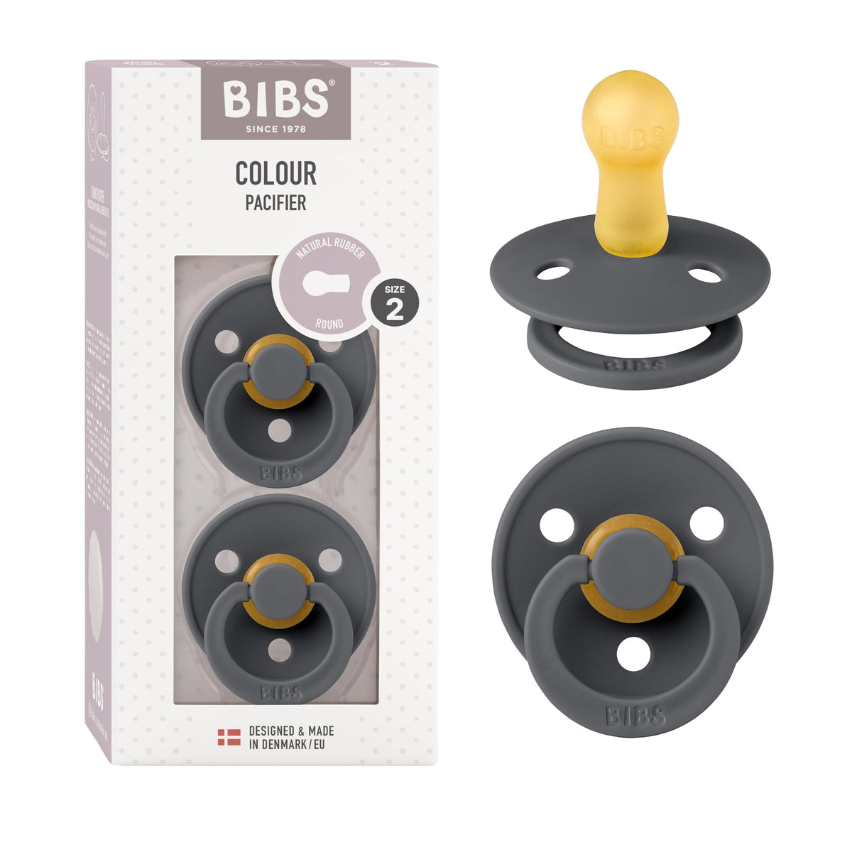 BIBS pacifiers Colour Collection front view showing two pacifiers for soothing newborns.