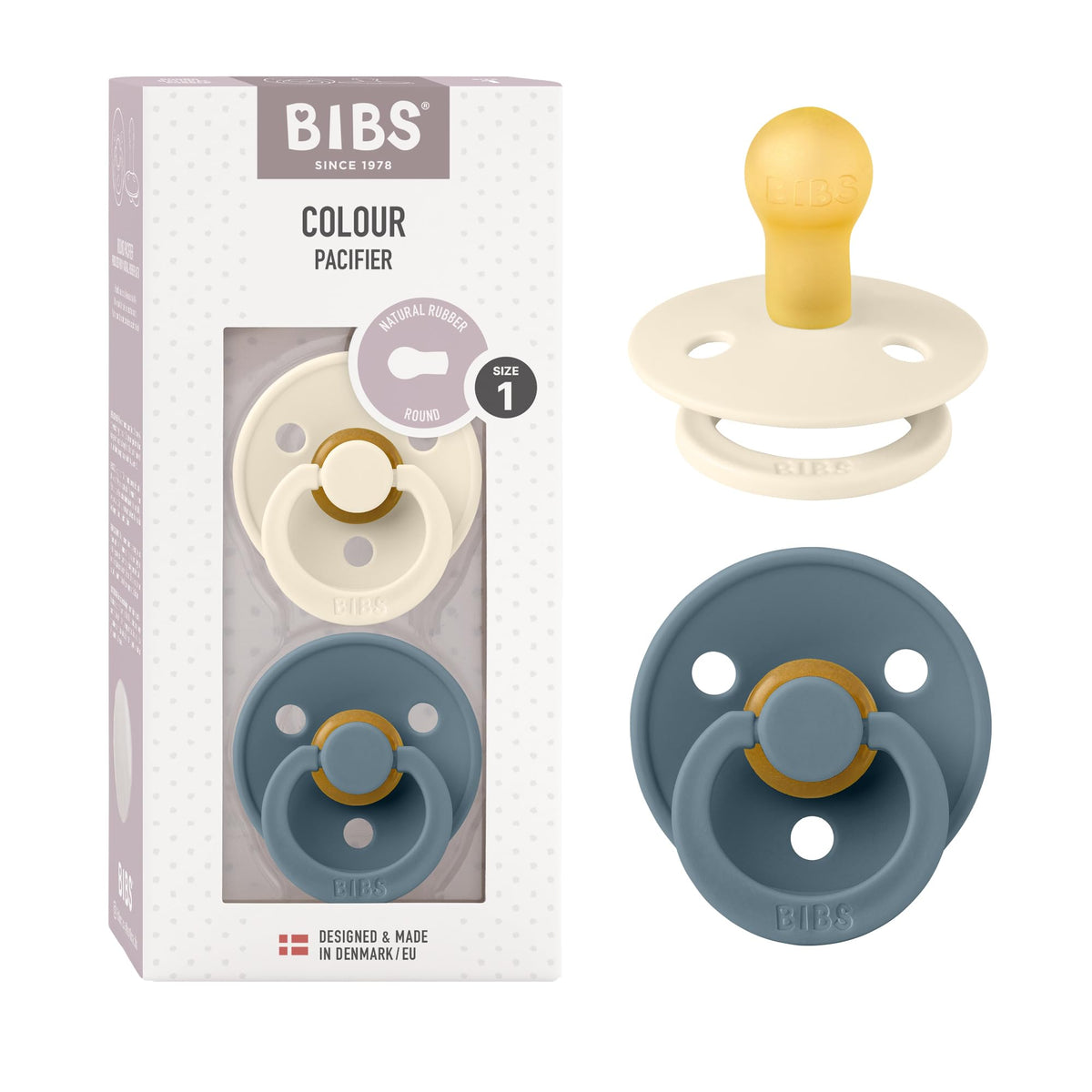 BIBS pacifiers Ivory Petrol pack showing classic Danish design for calming babies.