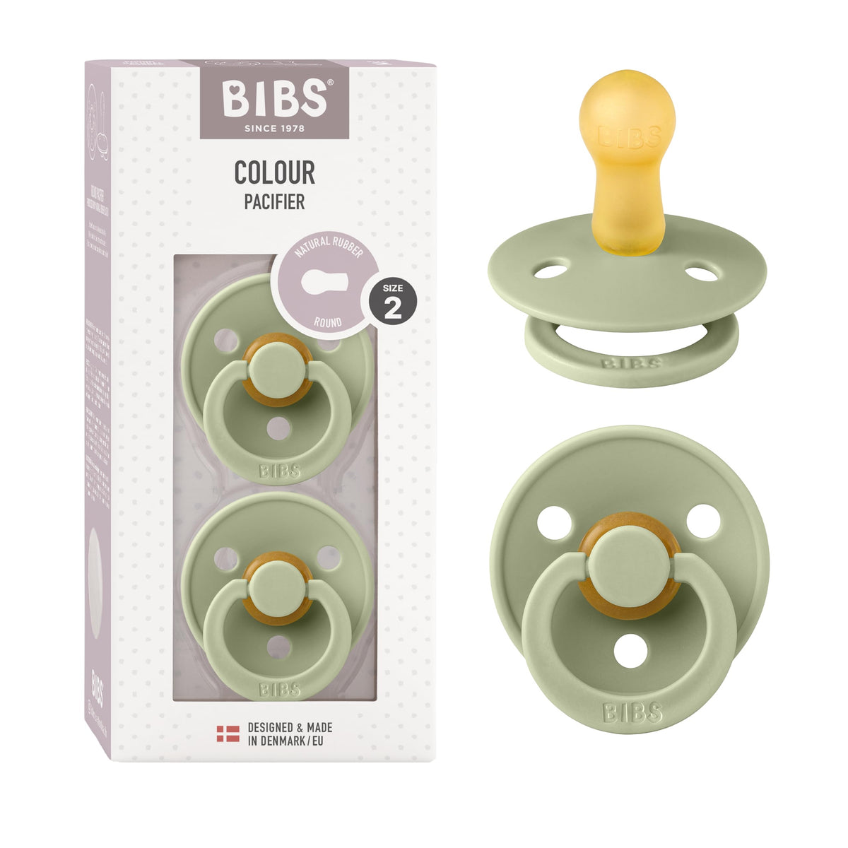 BIBS pacifiers sage bottle closeup highlights natural latex softness for soothing comfort