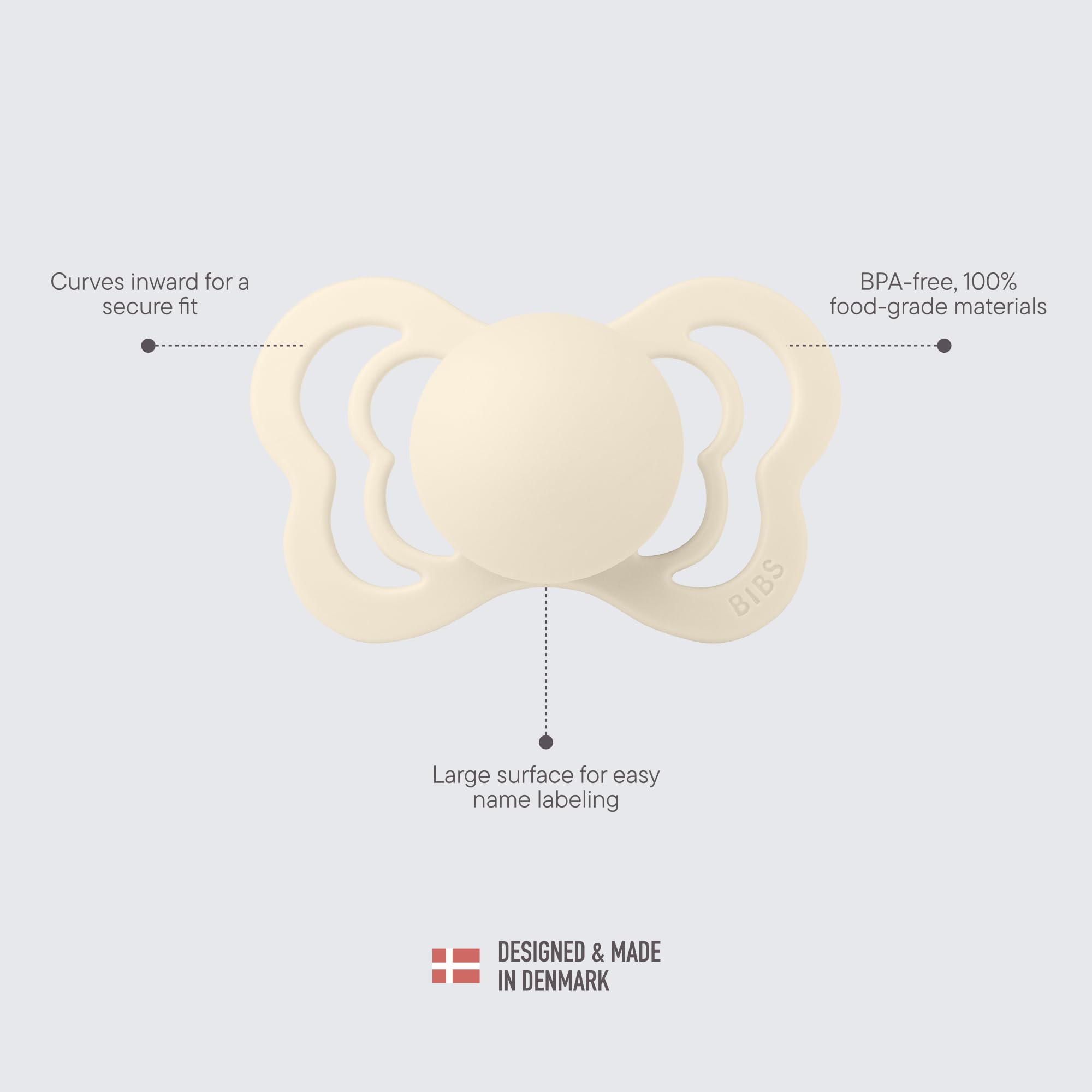 BIBS Couture Ivory Sage silicone material image conveys durable easy-to-clean pacifier design