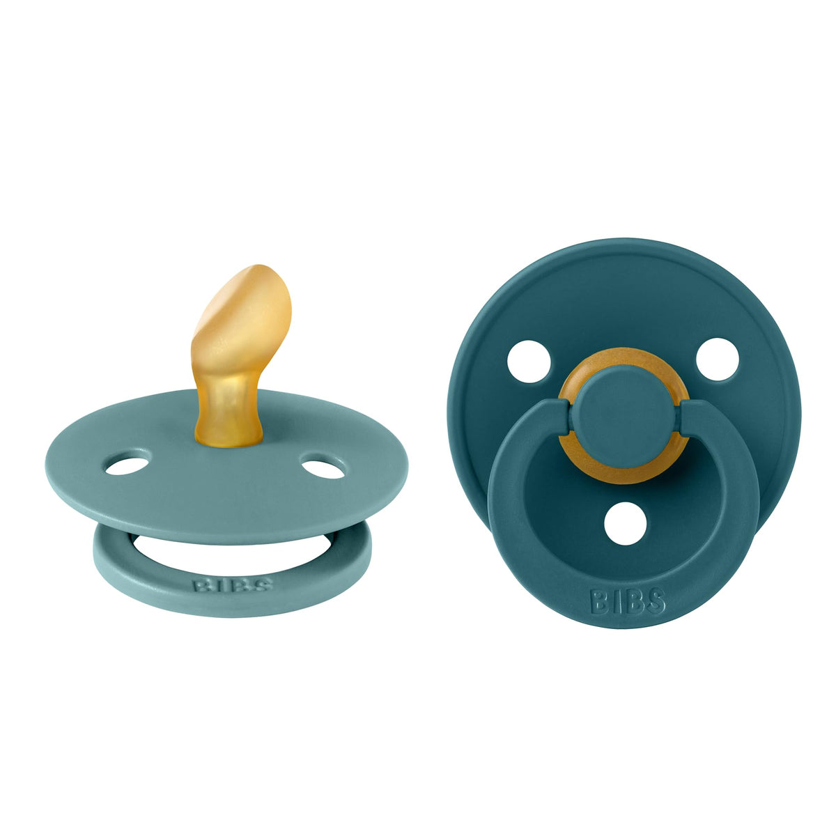 BIBS pacifiers Island Sea color two-pack for gentle self-soothing during calm moments.