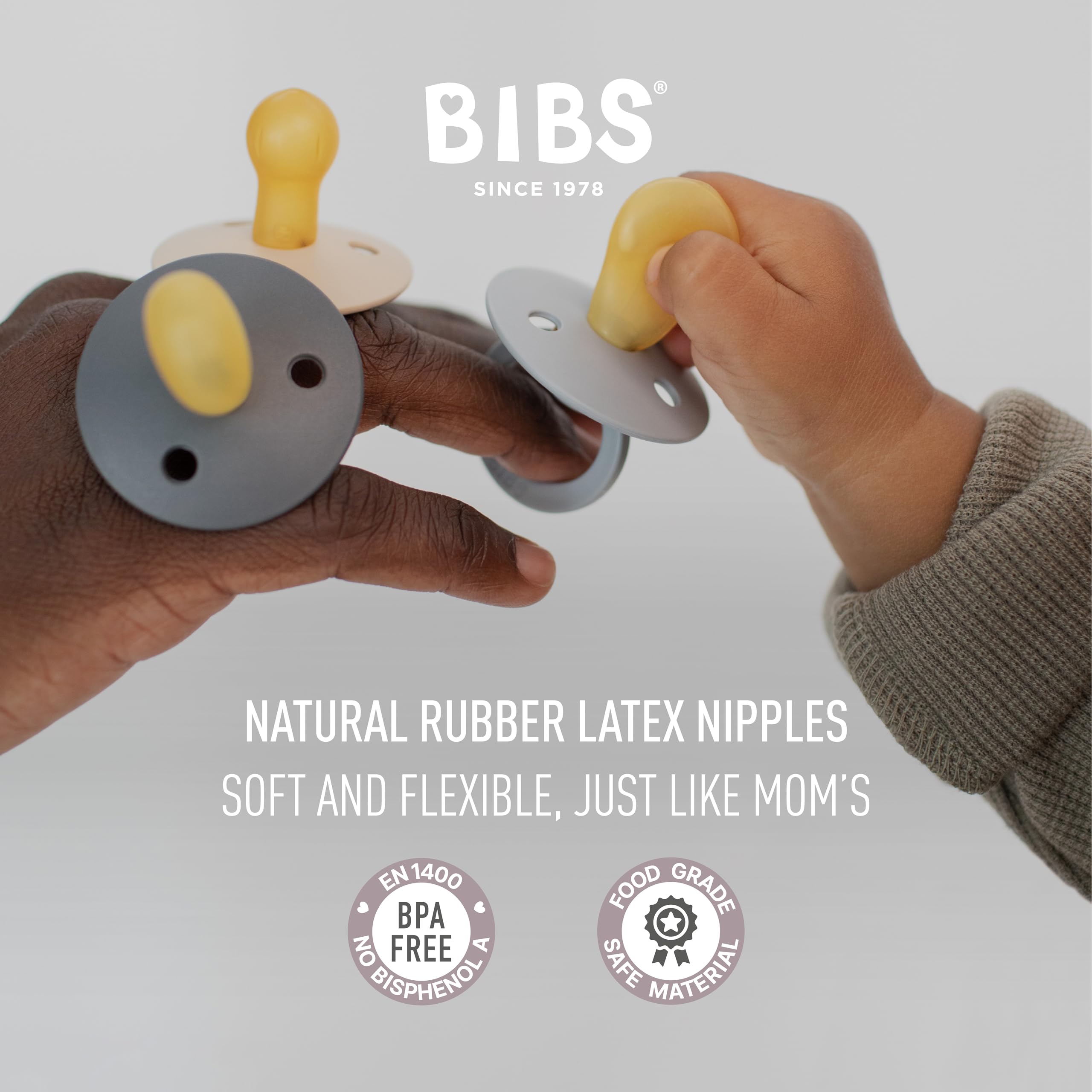 BIBS pacifiers made-in-denmark badge conveys heritage and trusted craftsmanship