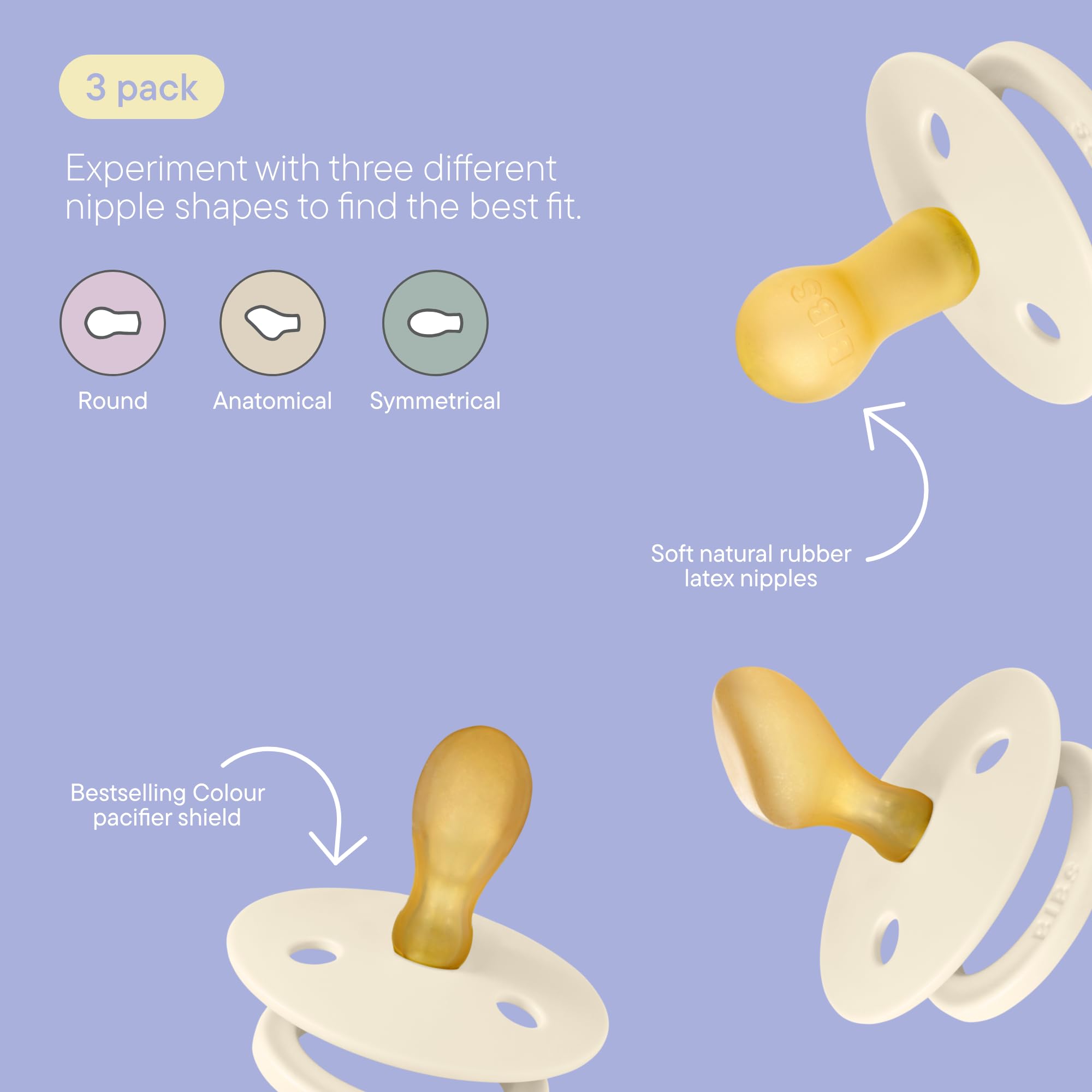 BIBS pacifiers natural rubber latex option offers soft, comfortable feel for soothing baby.