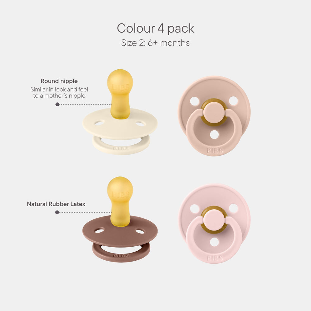 BIBS Pacifiers round shield design highlights classic soothing silhouette.