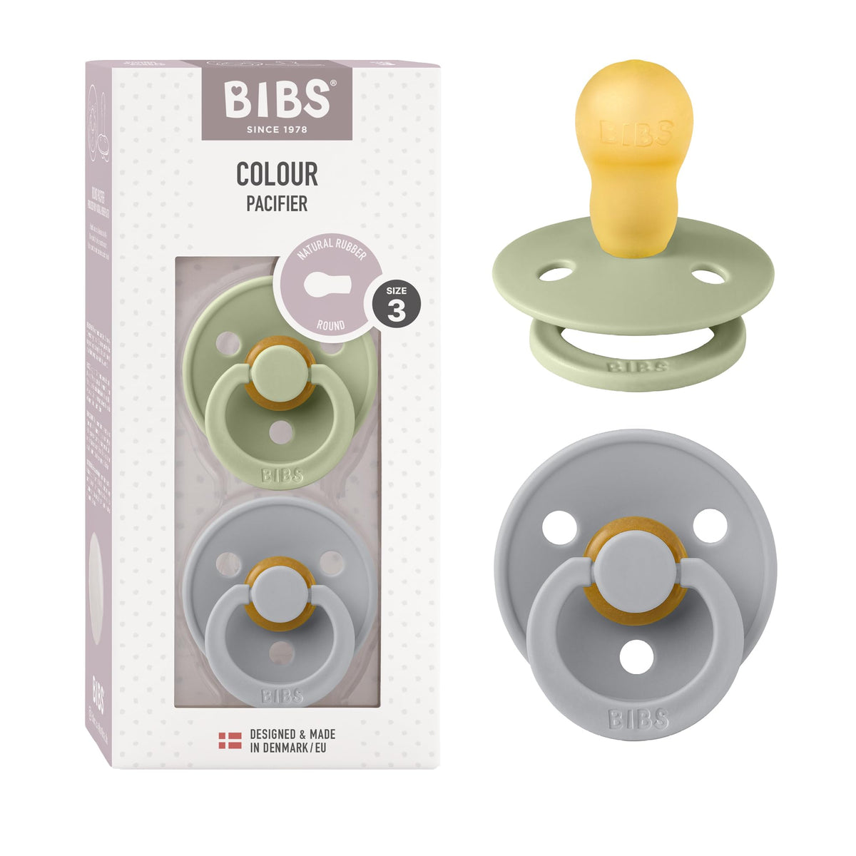 BIBS pacifiers Sage Cloud pack-2 shown in calming colors for soothing baby comfort.
