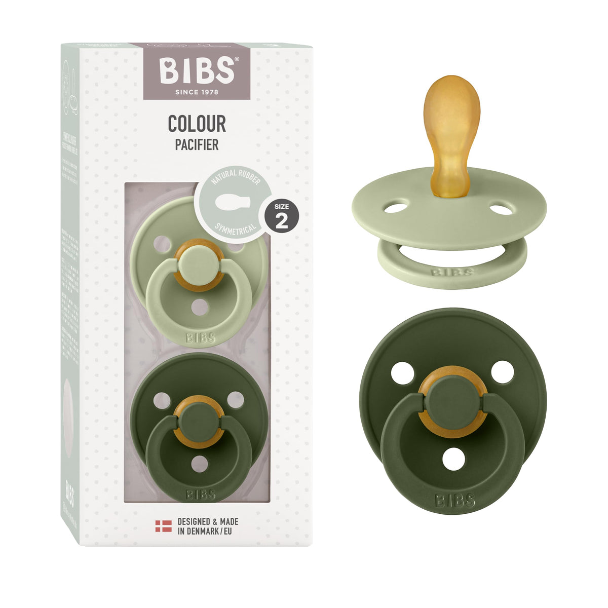 BIBS pacifiers Sage Hunter Green 2-pack front view for soothing routines