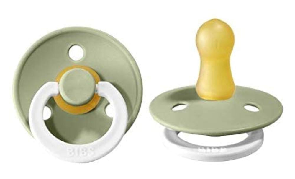 BIBS Pacifiers Sage Night front view: two natural rubber soothers for gentle self-soothing.