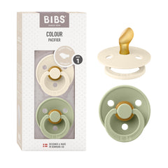 BIBS pacifiers set of 2 in ivory and sage packaging showcases Danish craftsmanship.