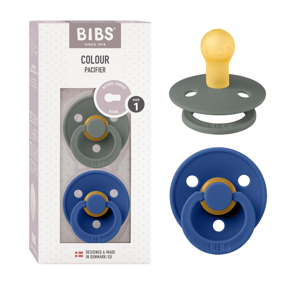 BIBS pacifiers two-pack Pine-Cornflower close-up for soothing comfort