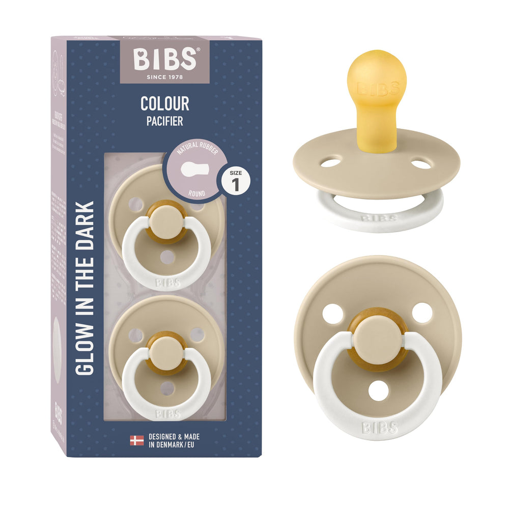 BIBS Vanilla Night pacifier close-up showing latex nipple for gentle self-soothing.