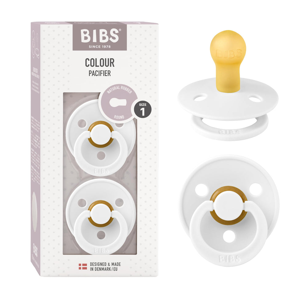 BIBS pacifiers white pack of 2 demonstrates classic self-soothing design for baby comfort.