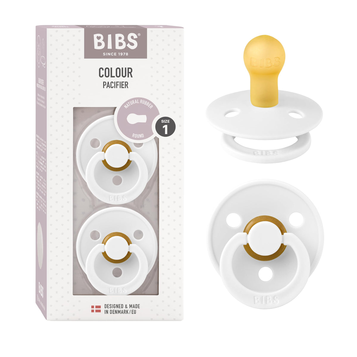 BIBS pacifiers white pack of 2 demonstrates classic self-soothing design for baby comfort.