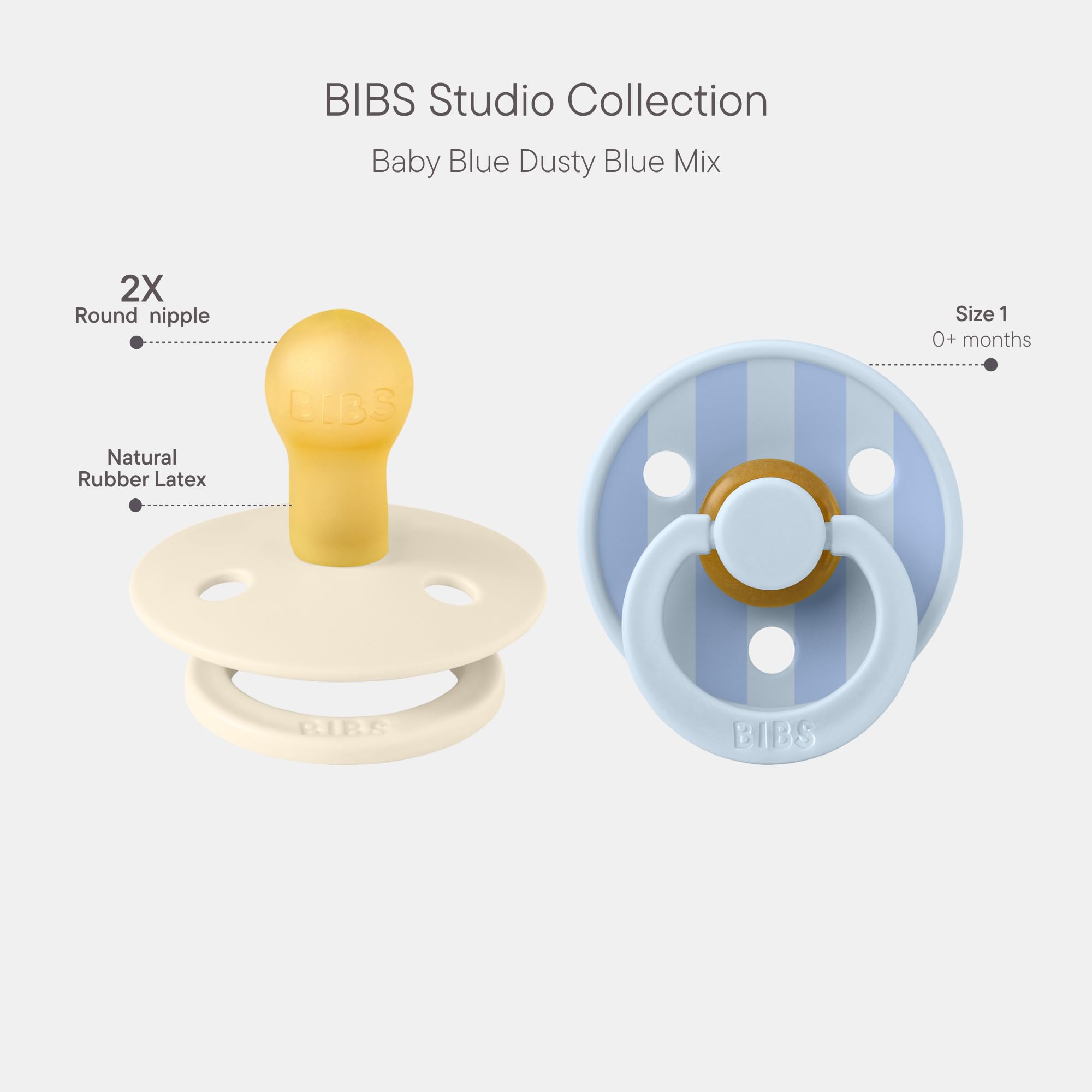 BIBS round nipple close-up—natural latex soother design for gentle soothing.