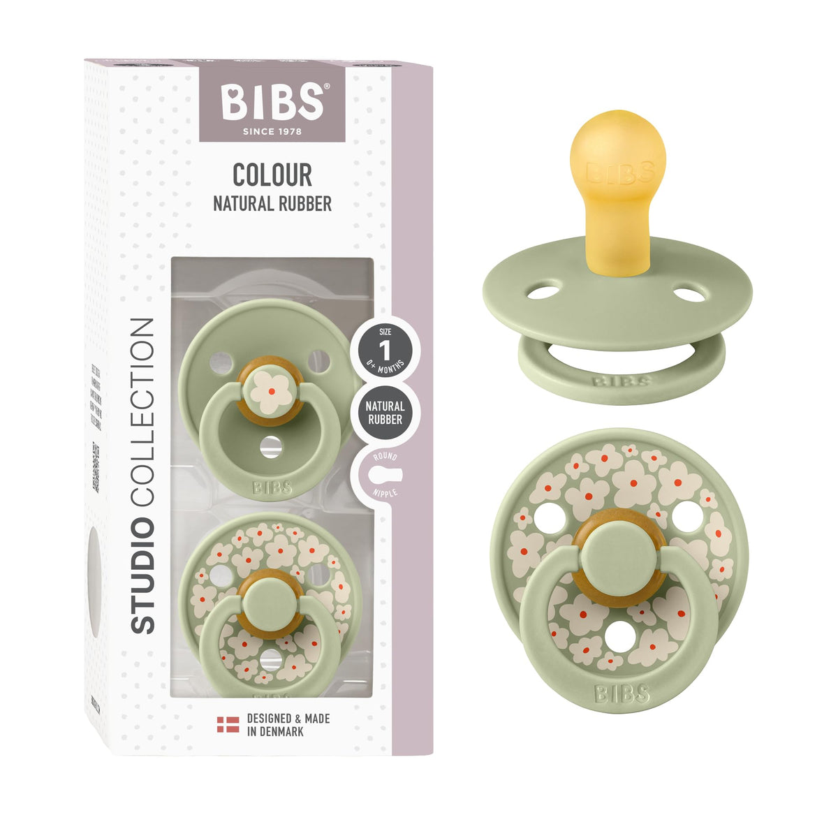 BIBS Studio 2-pack packaging highlights Danish design and convenient twin pacifier set.