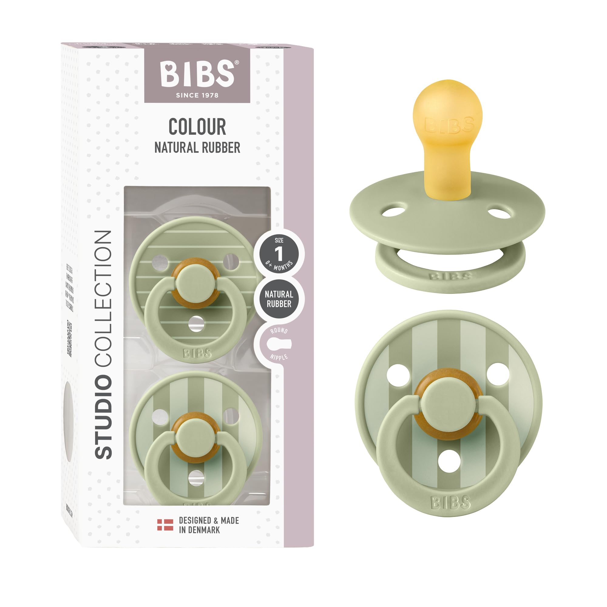 BIBS Studio 2pack pacifier pin-sage round nipple, gentle newborn soothing.