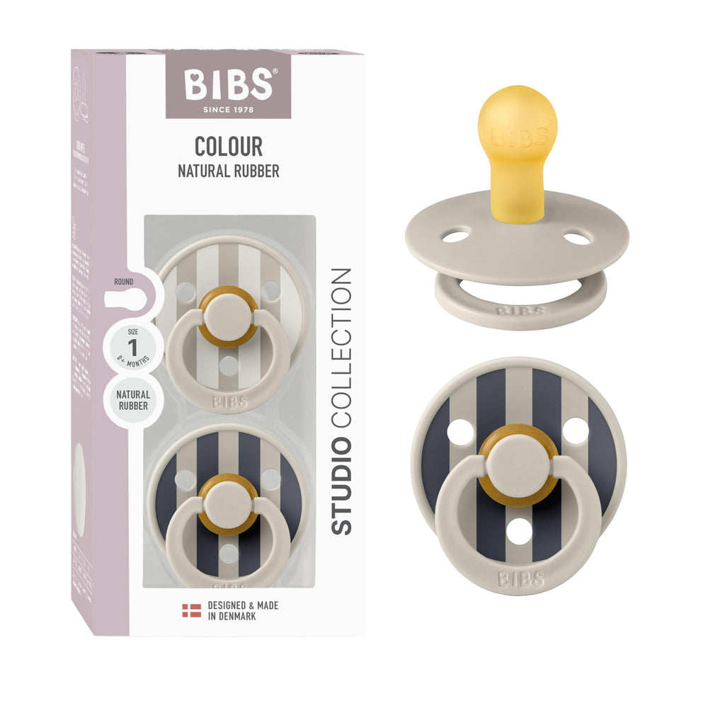 BIBS Studio 2-pack pacifier, round nipple, promotes soothing comfort.