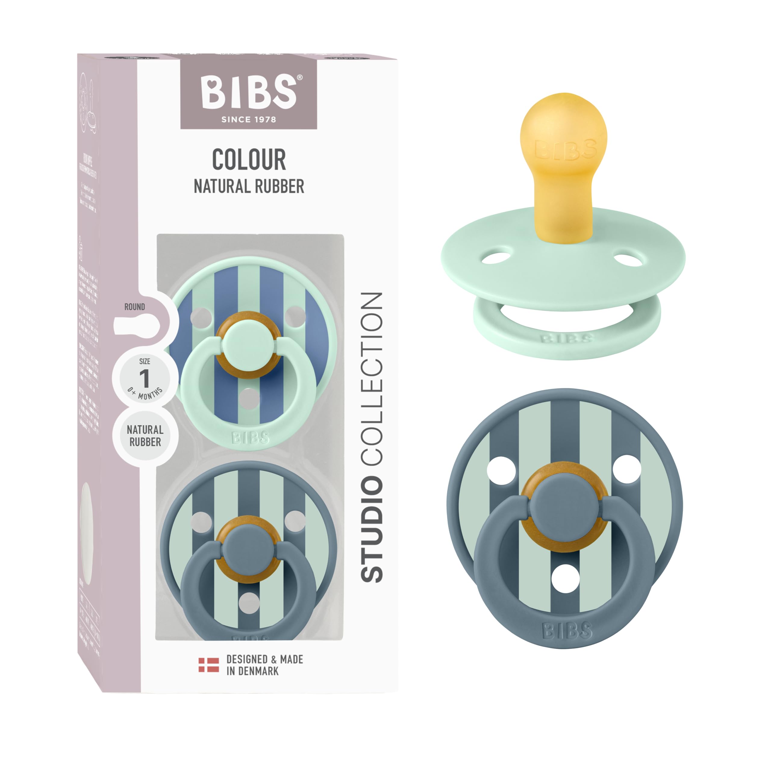 BIBS Studio Collection 2-pack round-nipple pacifier for calm newborns in Nordic Mint Petrol.